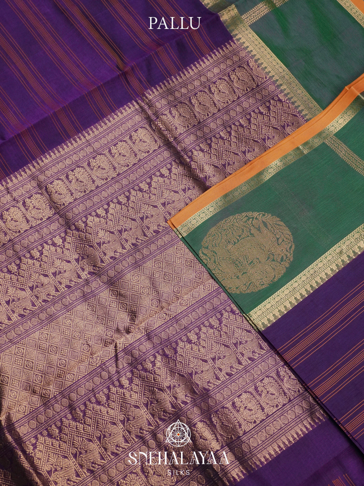 Purple Kanchi Silk Cotton Saree with Orange Stripes & Contrast Forest Green Medallion Border