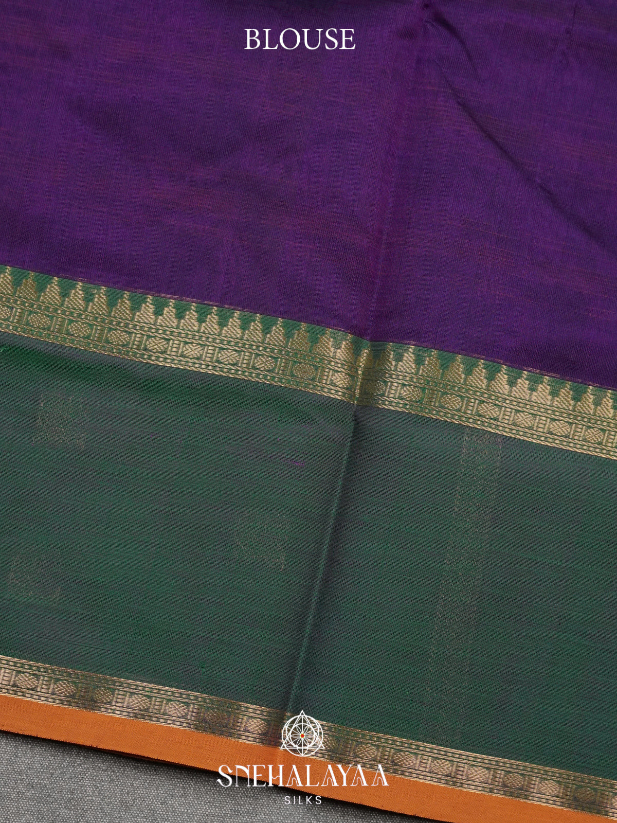 Purple Kanchi Silk Cotton Saree with Orange Stripes & Contrast Forest Green Medallion Border