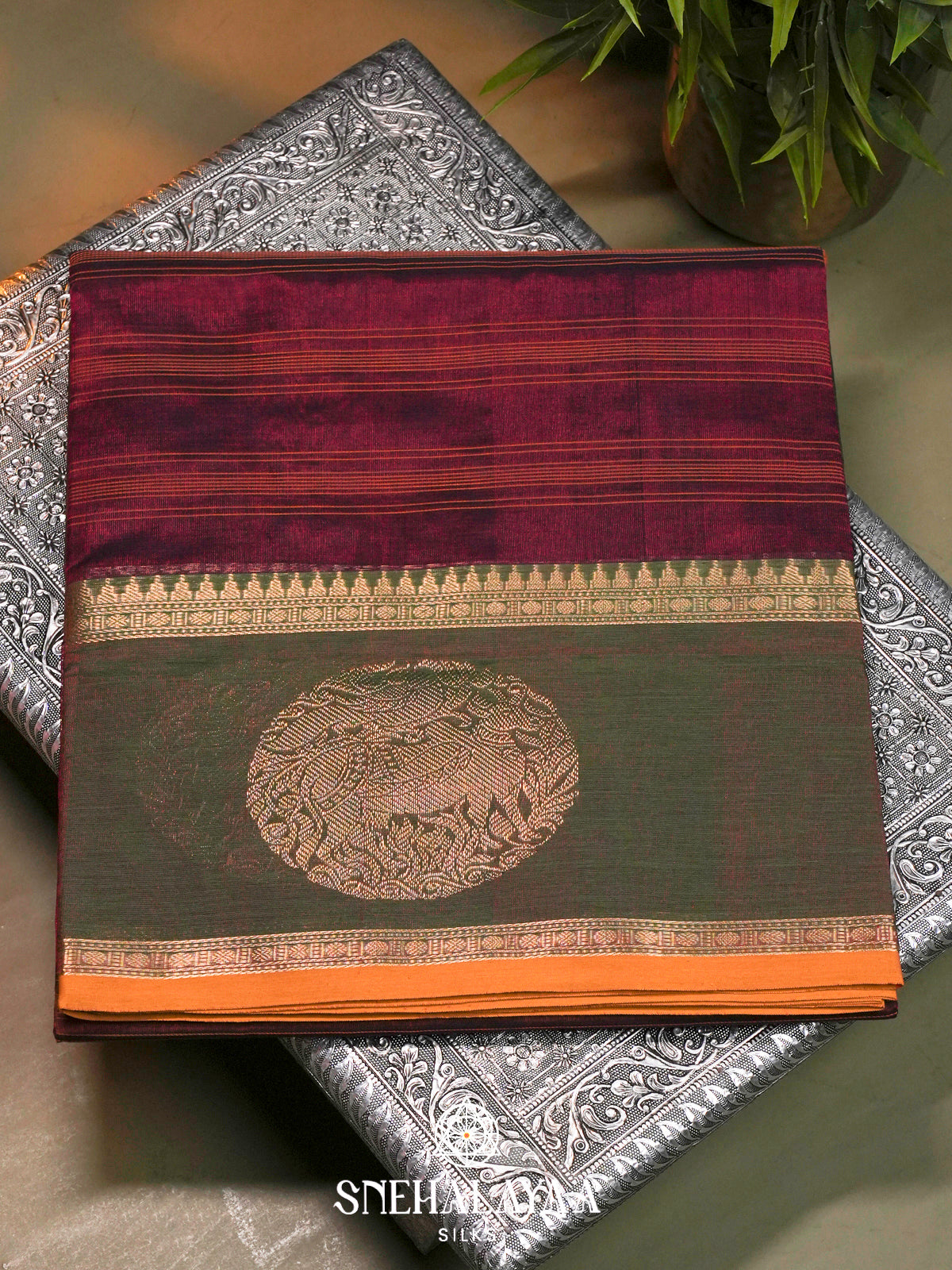 Wine Kanchi Silk Cotton Saree with Orange Striped Lines & Contrast Olive Green Medallion Border