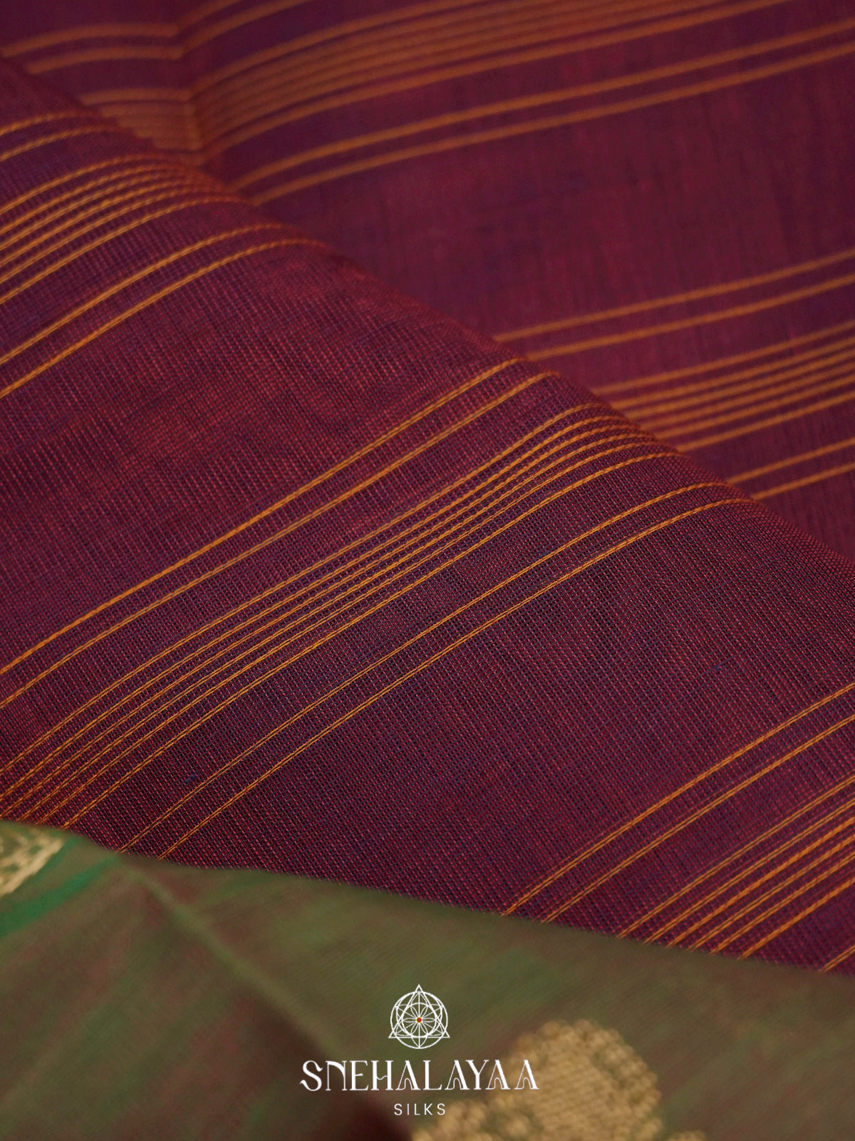 Wine Kanchi Silk Cotton Saree with Orange Striped Lines & Contrast Olive Green Medallion Border