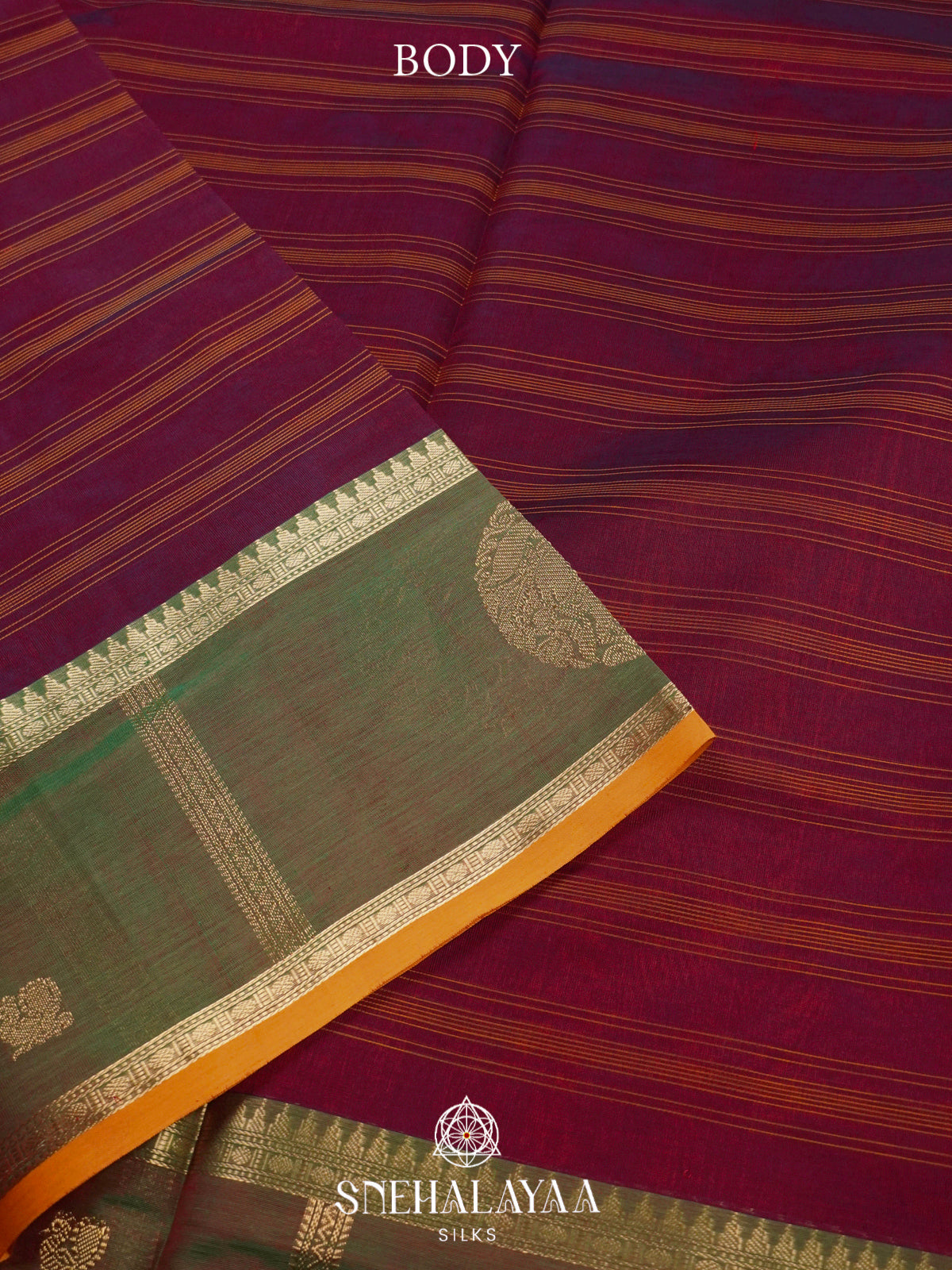 Wine Kanchi Silk Cotton Saree with Orange Striped Lines & Contrast Olive Green Medallion Border