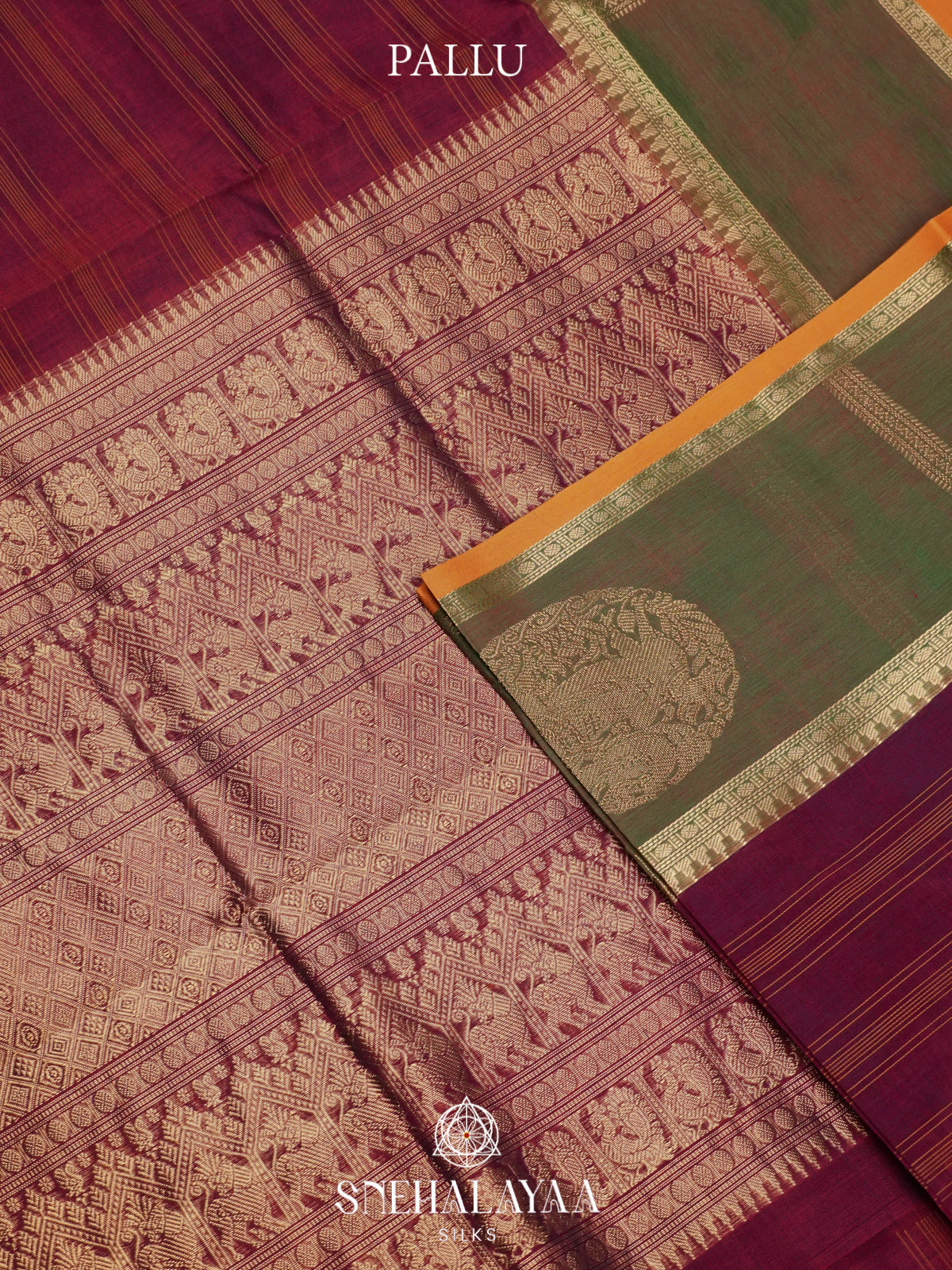 Wine Kanchi Silk Cotton Saree with Orange Striped Lines & Contrast Olive Green Medallion Border