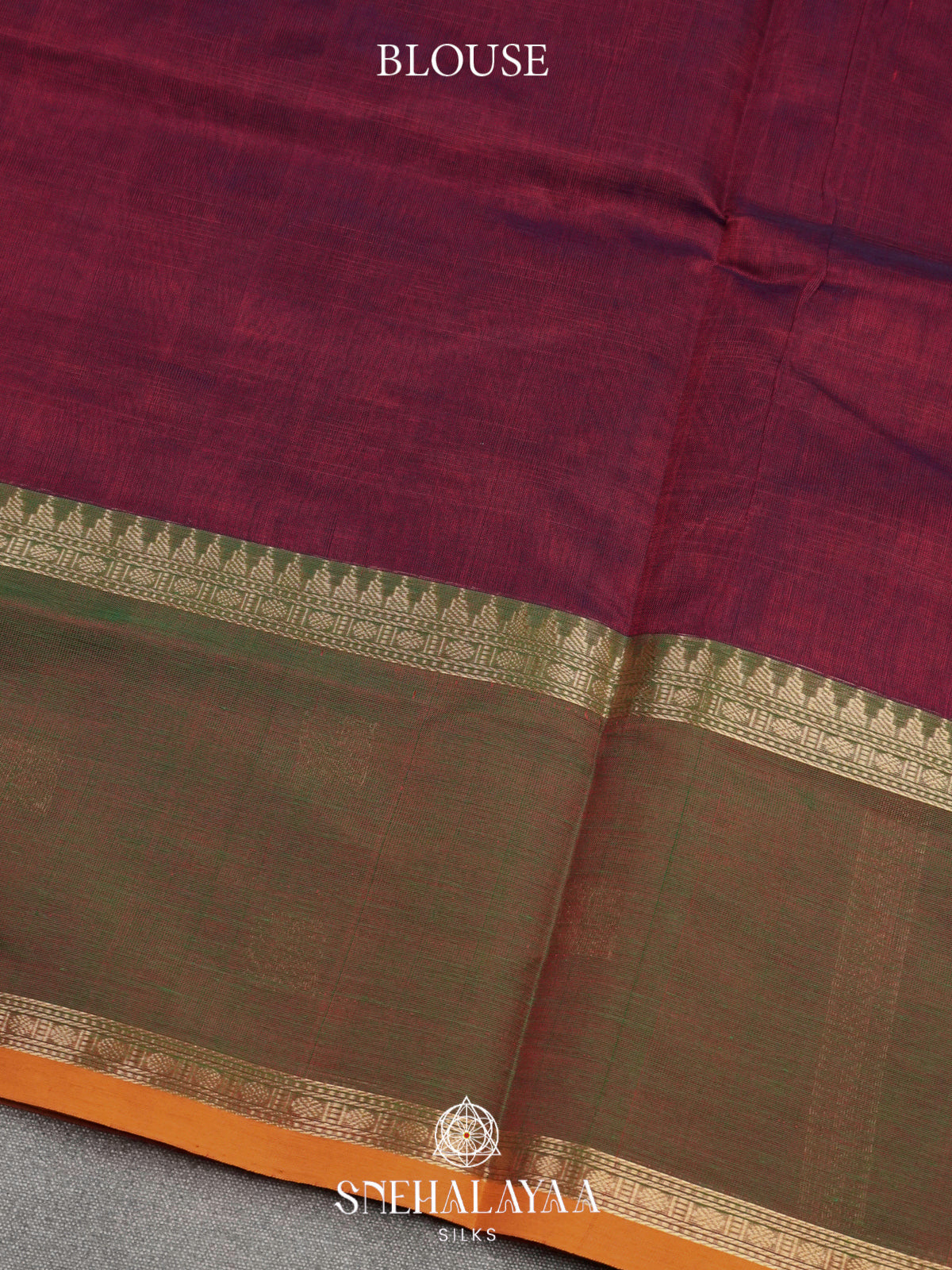 Wine Kanchi Silk Cotton Saree with Orange Striped Lines & Contrast Olive Green Medallion Border