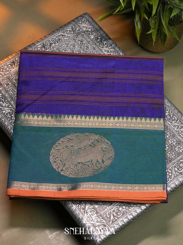 Royal Blue Kanchi Silk Cotton Saree with Orange Striped Lines & Contrast Teal-Green Medallion Border