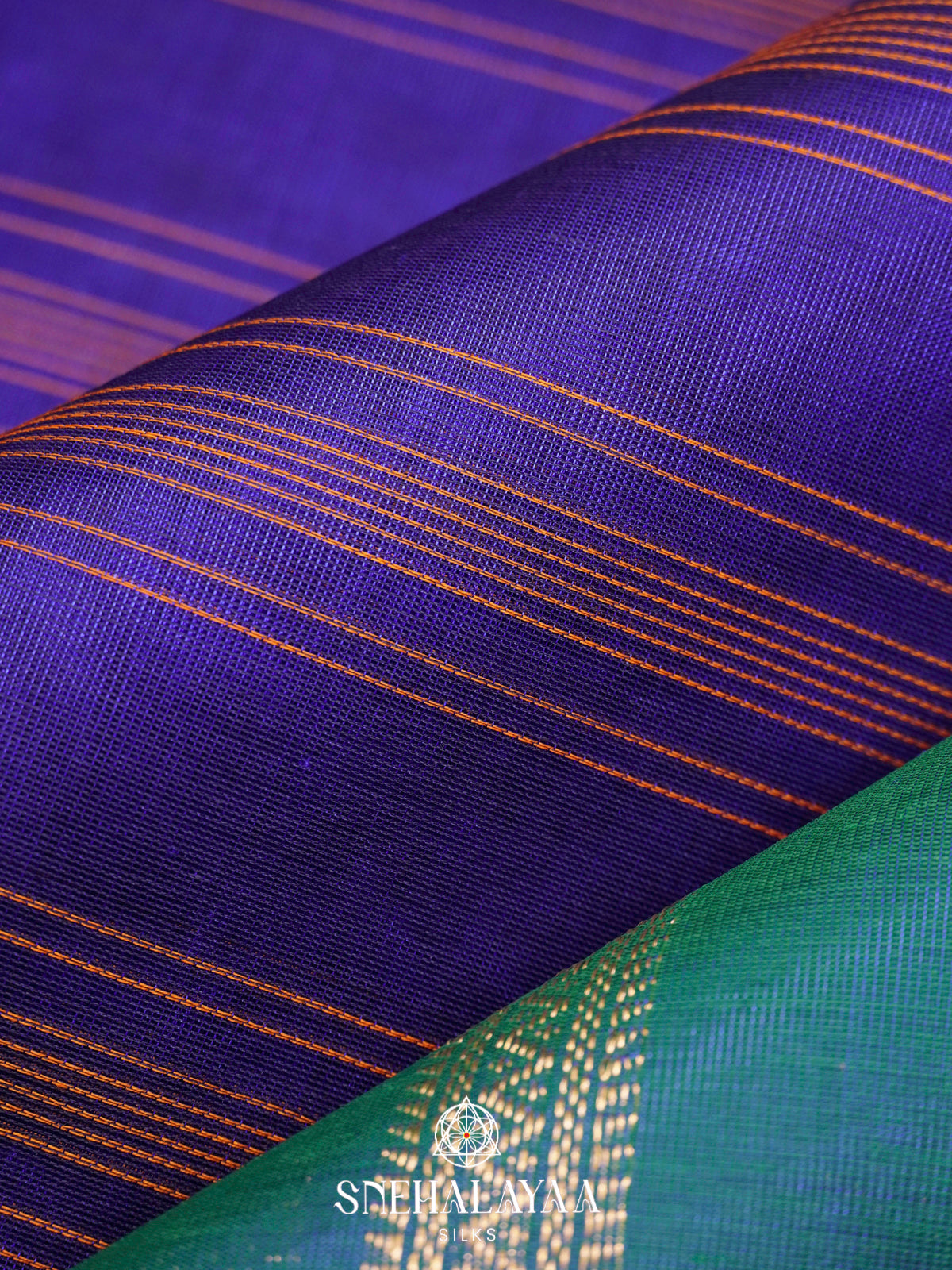 Royal Blue Kanchi Silk Cotton Saree with Orange Striped Lines & Contrast Teal-Green Medallion Border