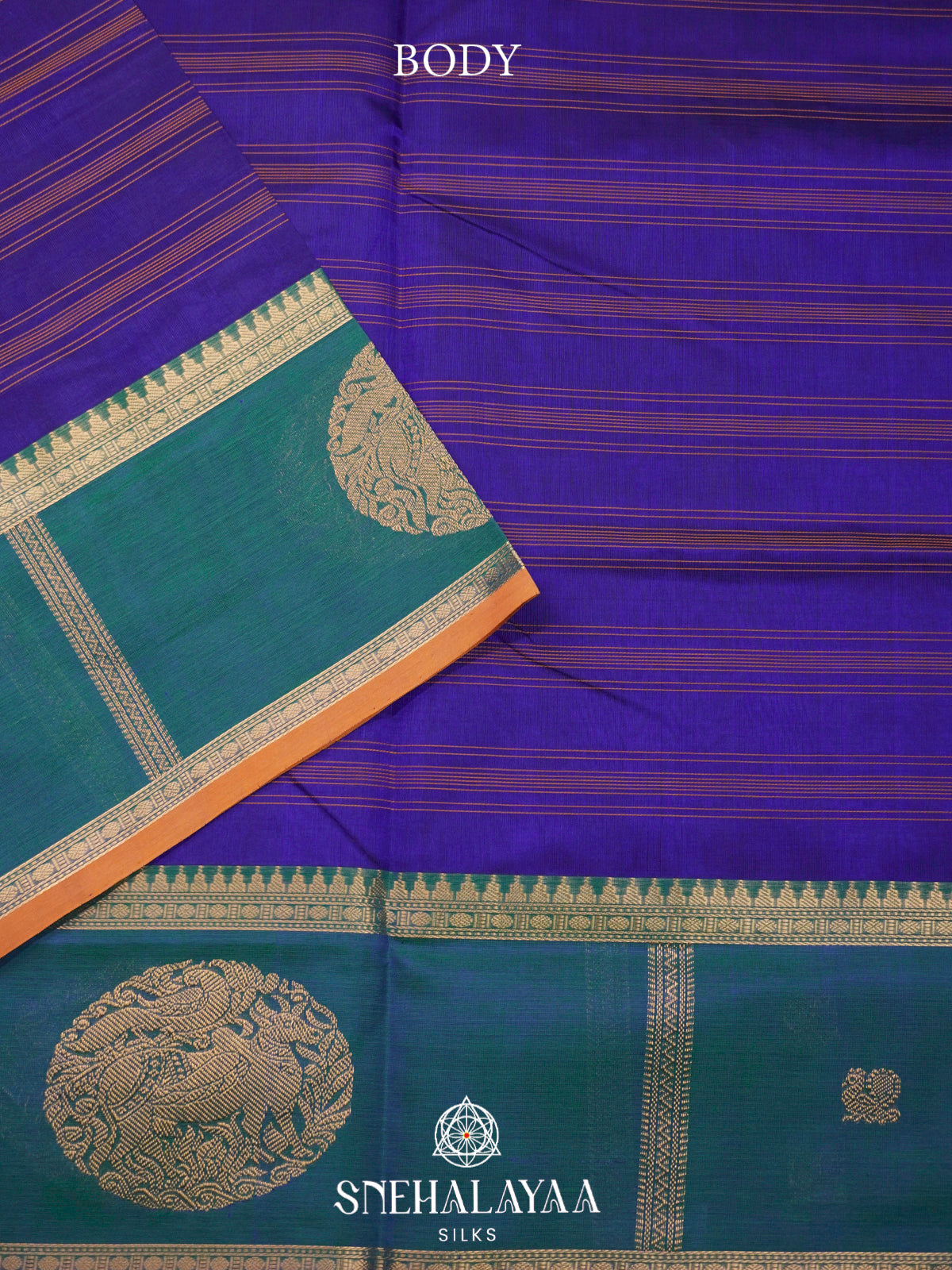 Royal Blue Kanchi Silk Cotton Saree with Orange Striped Lines & Contrast Teal-Green Medallion Border