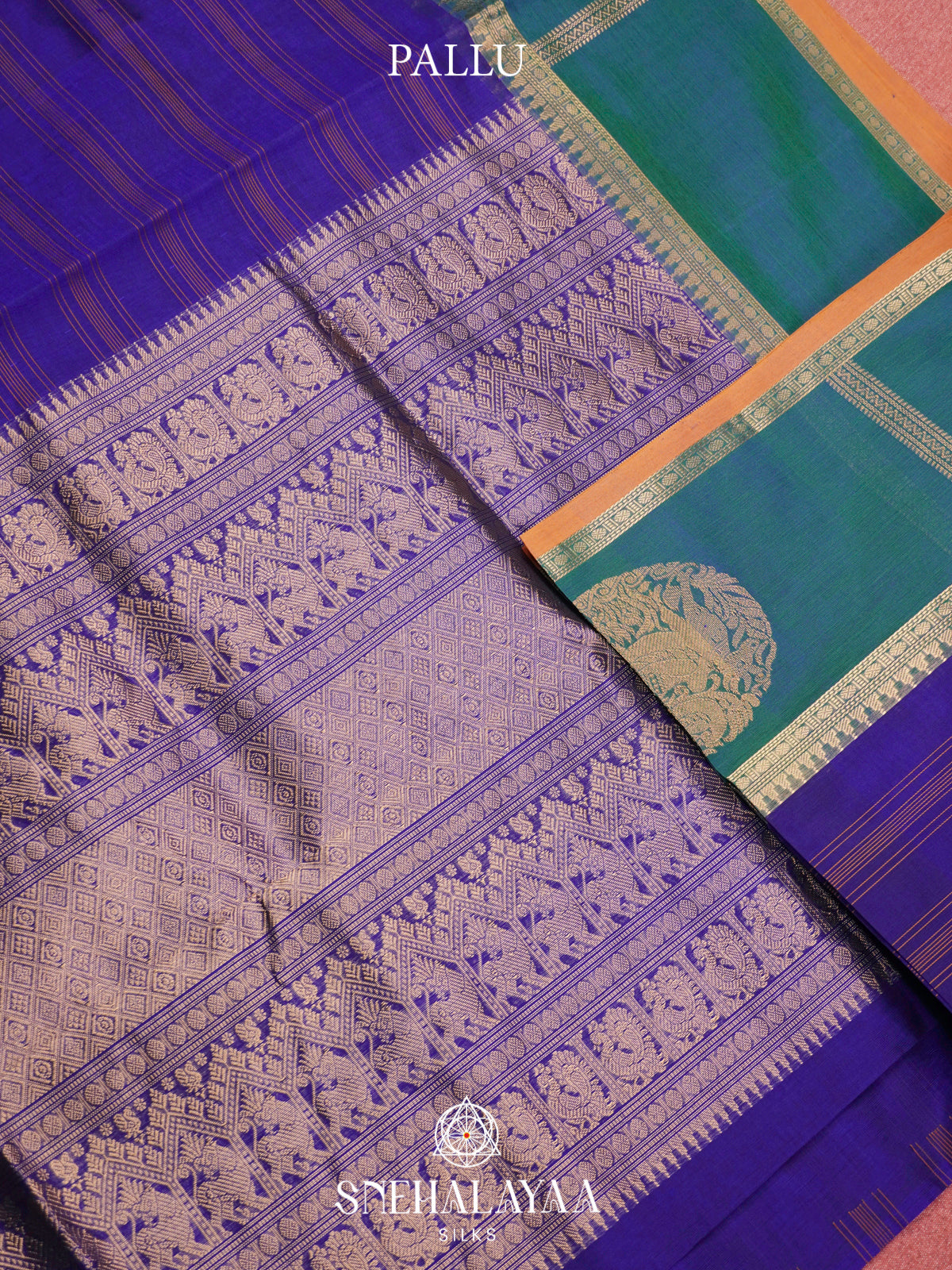 Royal Blue Kanchi Silk Cotton Saree with Orange Striped Lines & Contrast Teal-Green Medallion Border