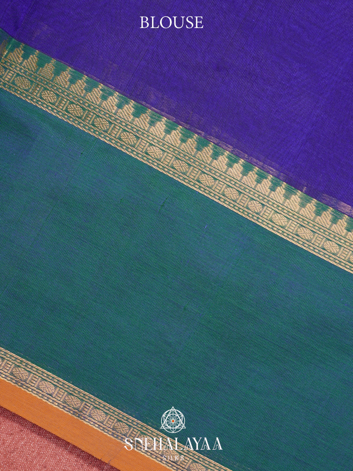 Royal Blue Kanchi Silk Cotton Saree with Orange Striped Lines & Contrast Teal-Green Medallion Border