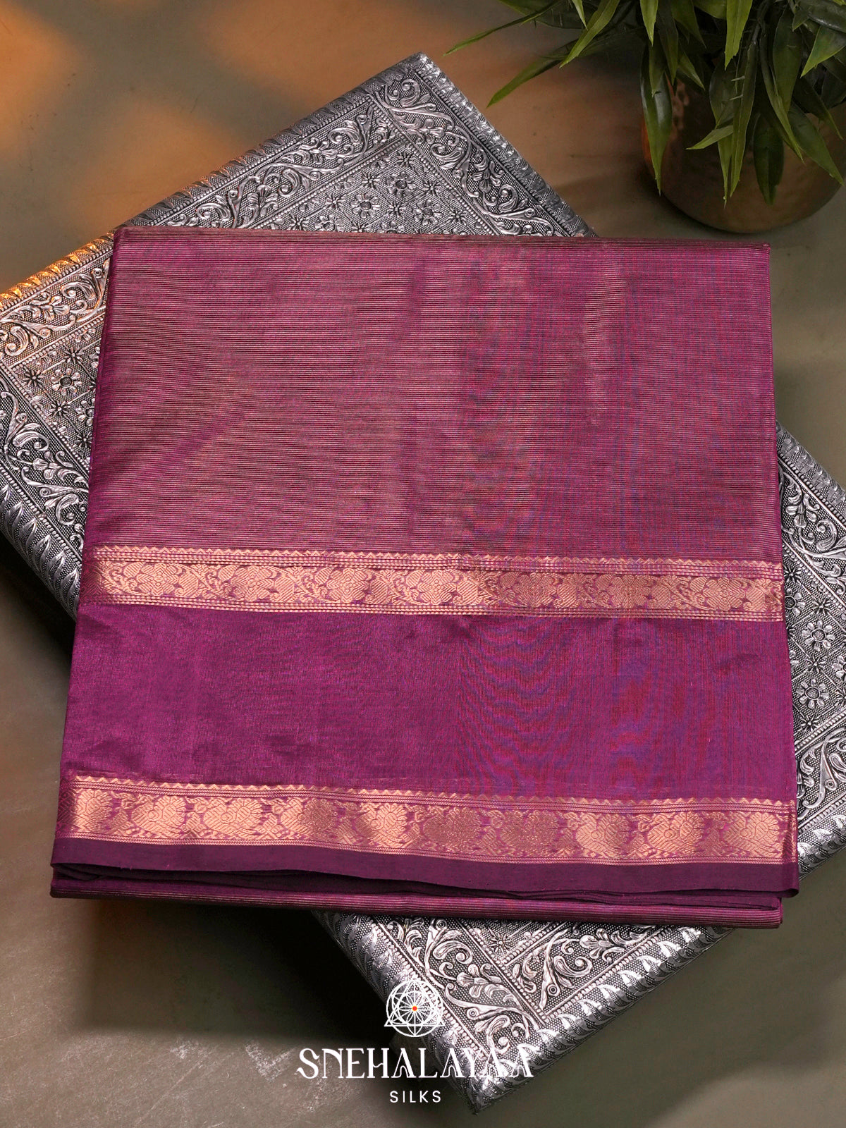 Onion-Pink Kanchi Silk Cotton Saree with Fine Gold Zari Stripes & Contrast Magenta Border