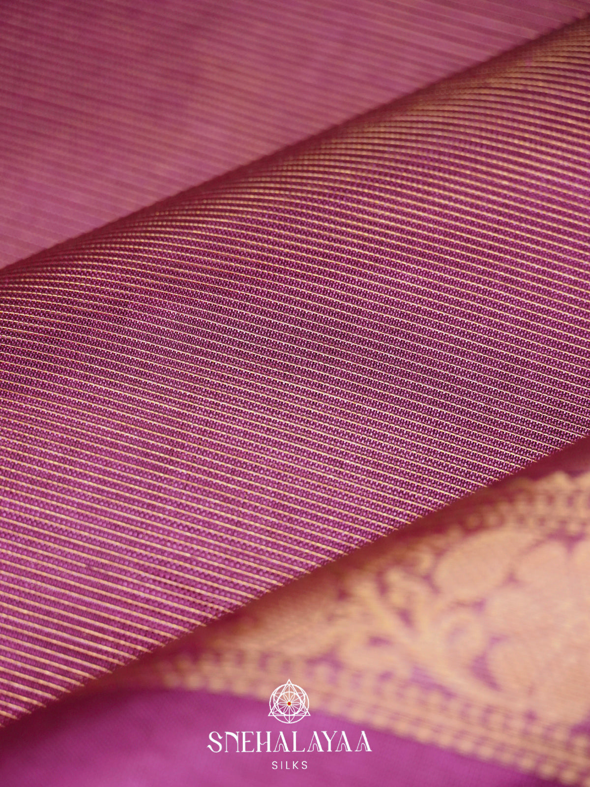 Onion-Pink Kanchi Silk Cotton Saree with Fine Gold Zari Stripes & Contrast Magenta Border