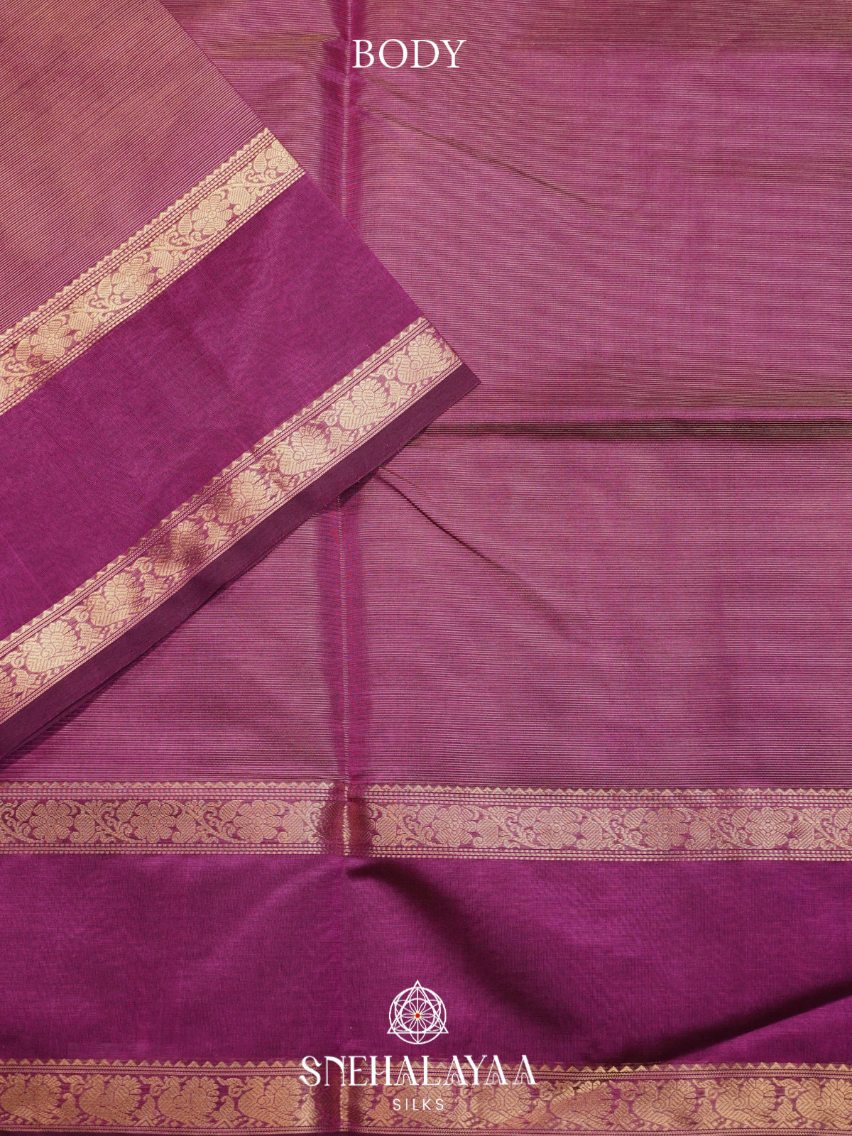 Onion-Pink Kanchi Silk Cotton Saree with Fine Gold Zari Stripes & Contrast Magenta Border