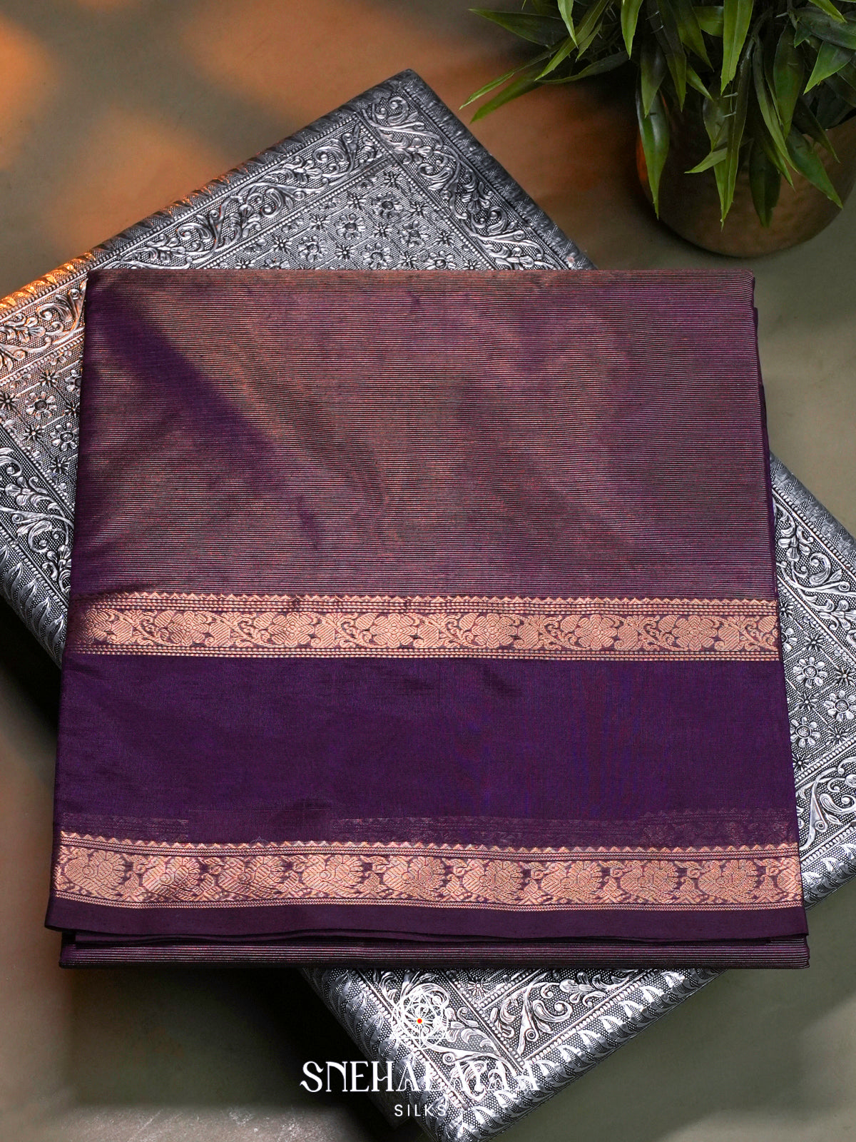 Purple Kanchi Silk Cotton Saree with Fine Gold Zari Stripes