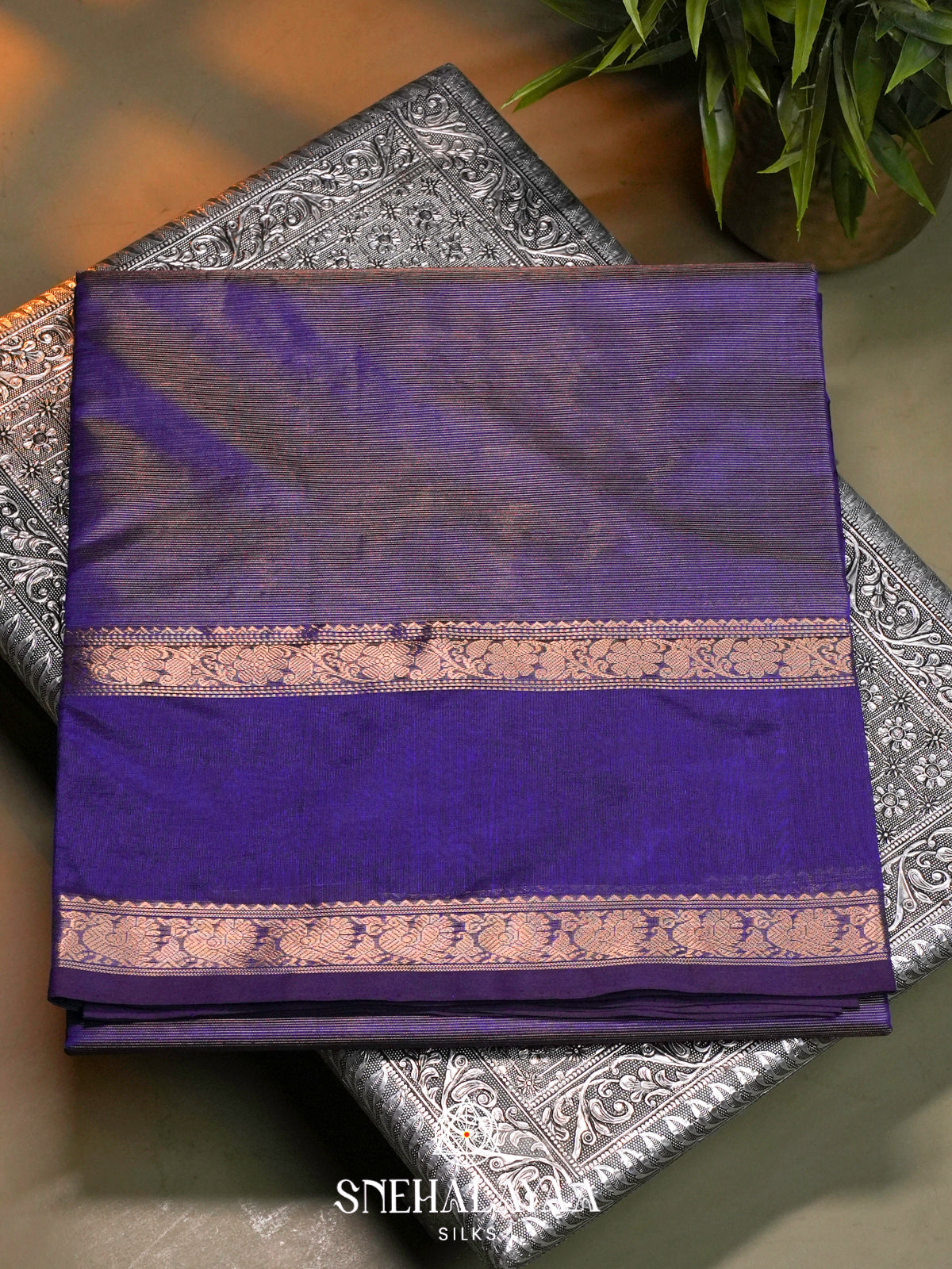 Ink-Blue Kanchi Silk Cotton Saree with Fine Gold Zari Stripes