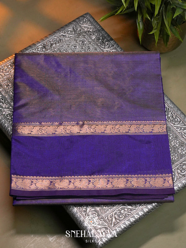 Ink-Blue Kanchi Silk Cotton Saree with Fine Gold Zari Stripes