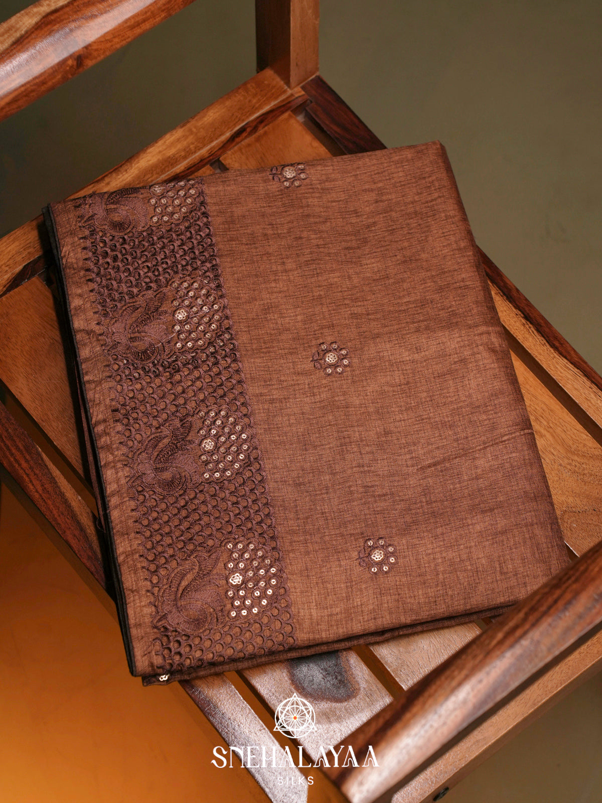 Brown Floral Embroidery Tussar Saree