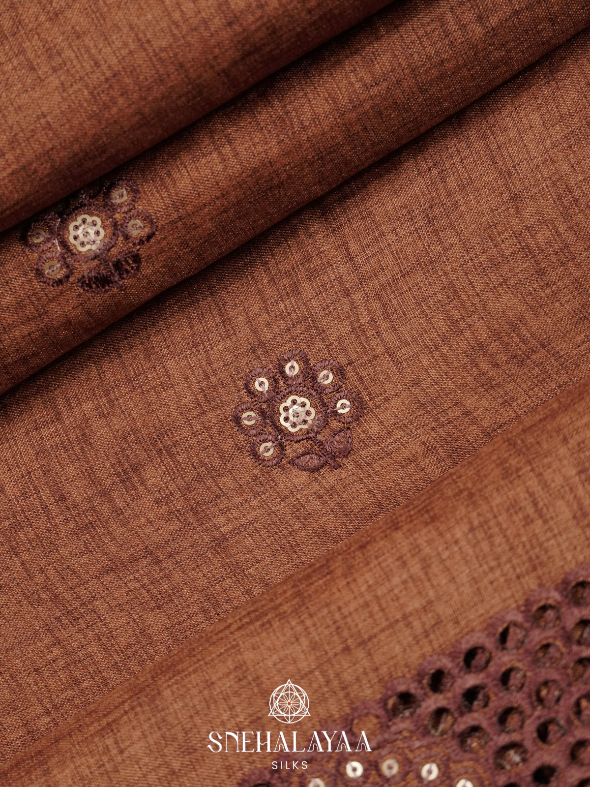 Brown Floral Embroidery Tussar Saree