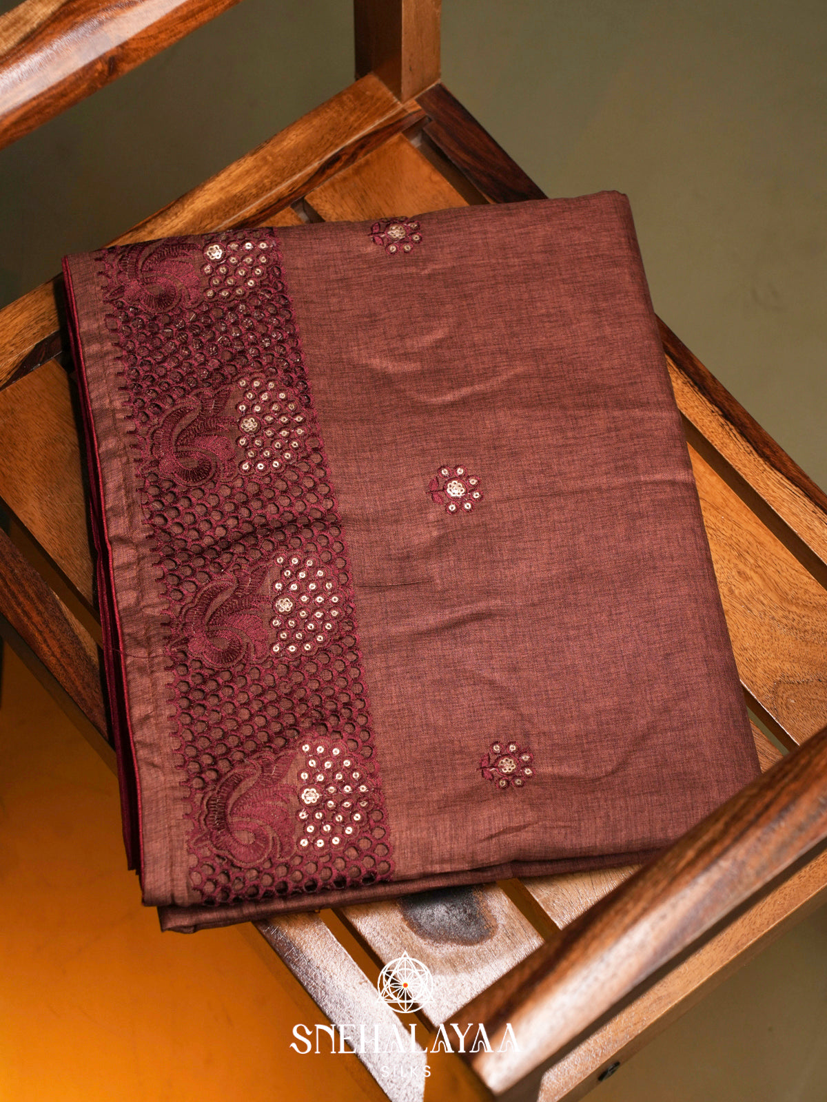 Brown Floral Embroidery Tussar Saree