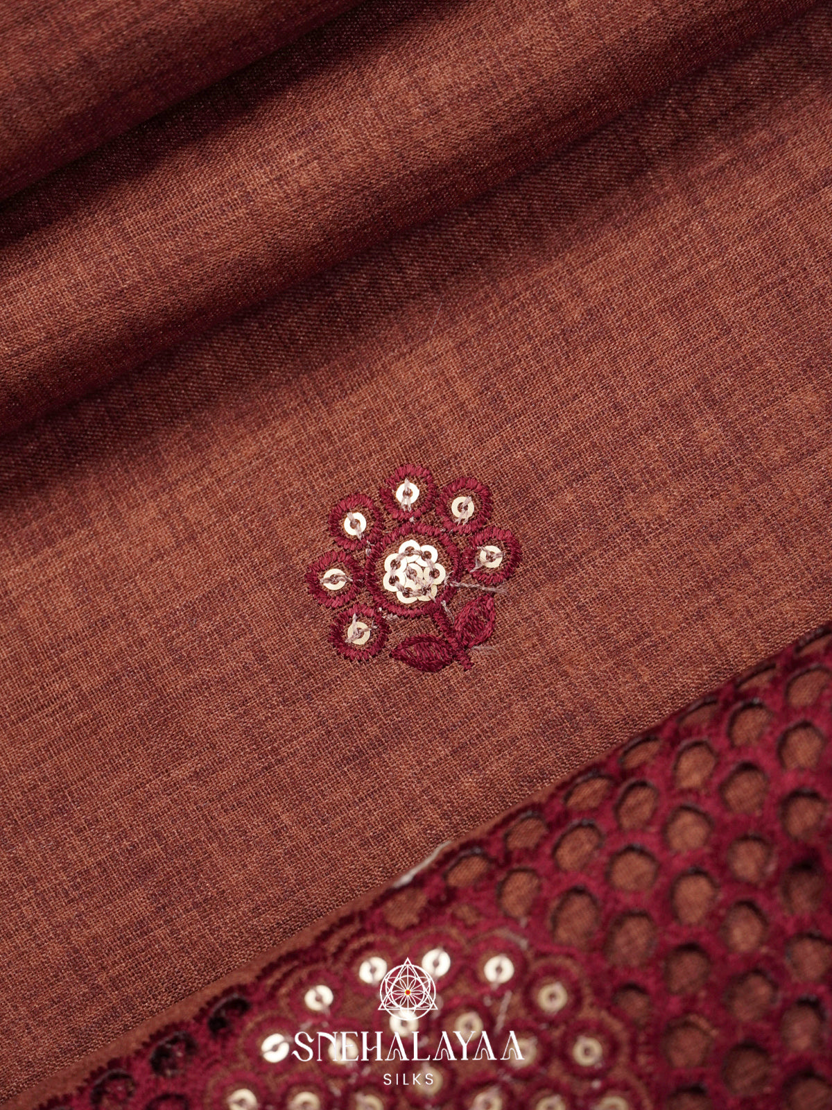 Brown Floral Embroidery Tussar Saree