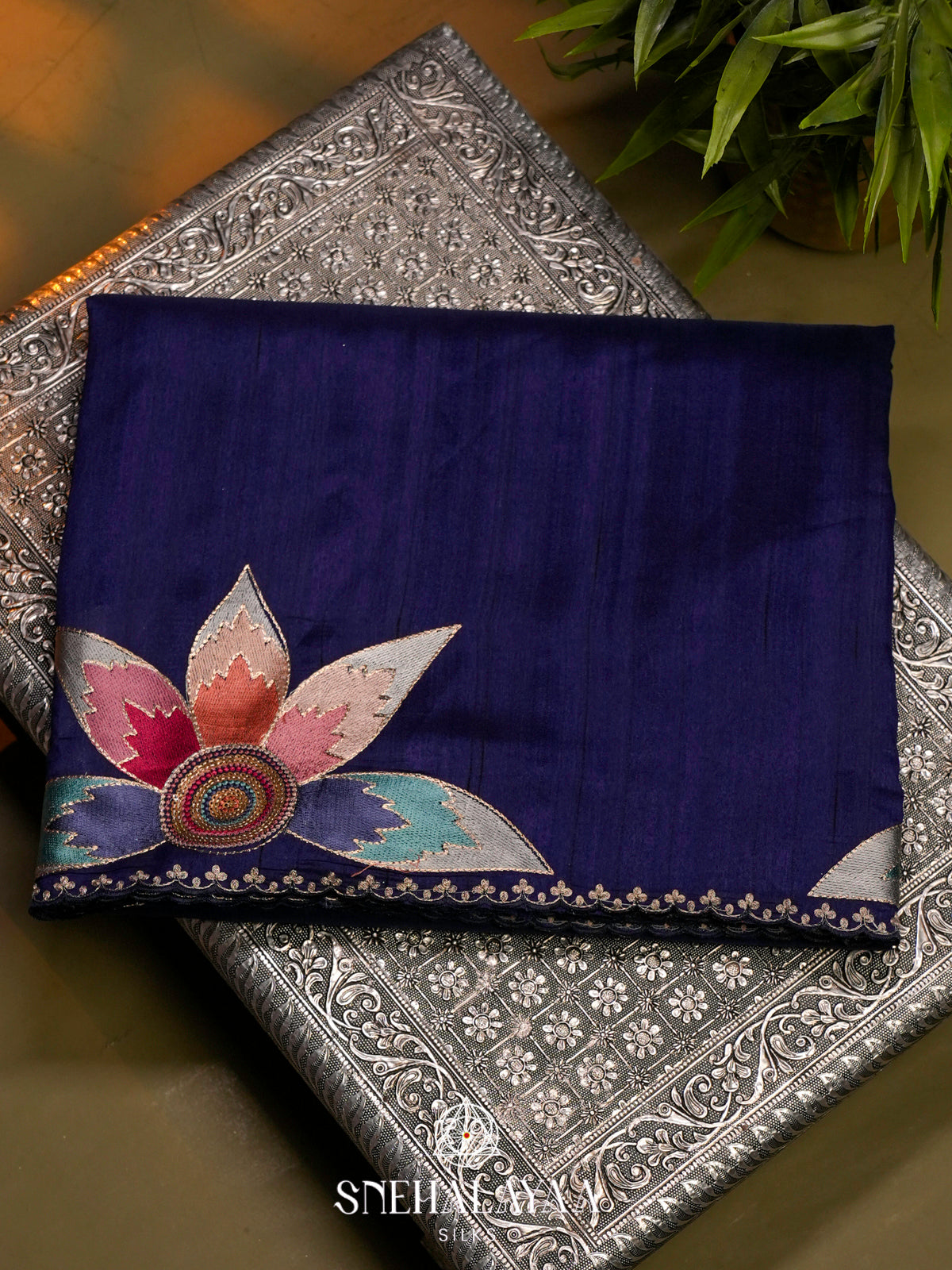 Navy Blue Raw Silk Saree