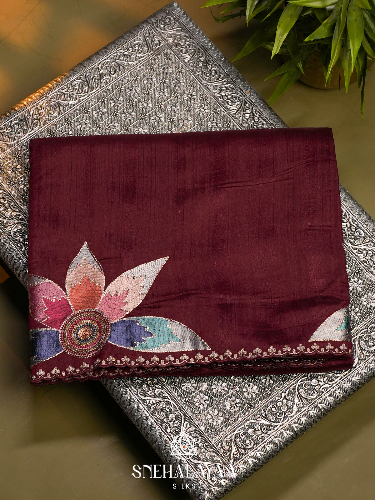 Burgundy Raw Silk Saree