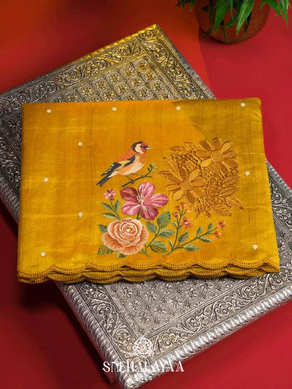 Mustard Yellow Raw Silk Embroidery Saree