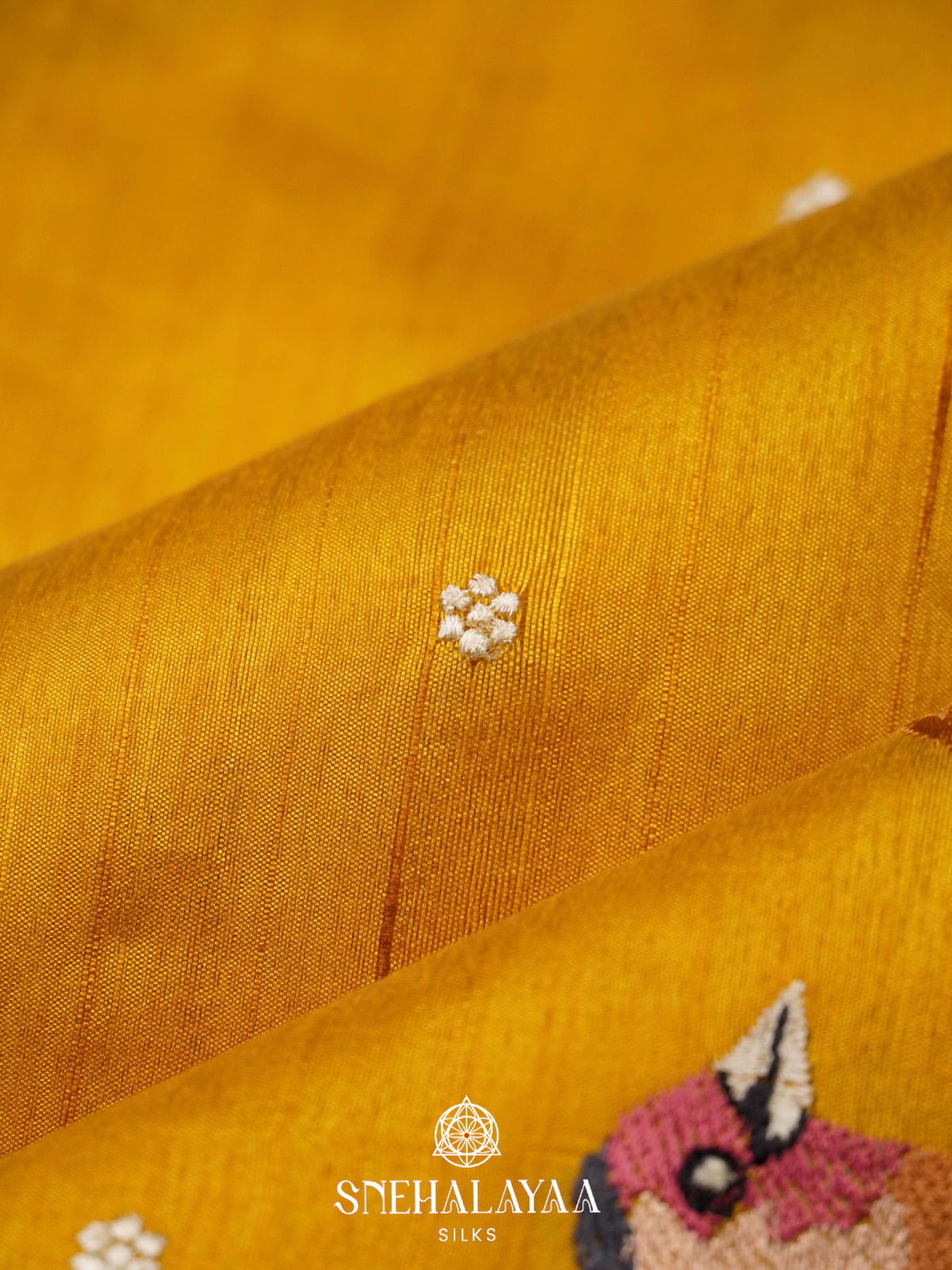 Mustard Yellow Raw Silk Embroidery Saree