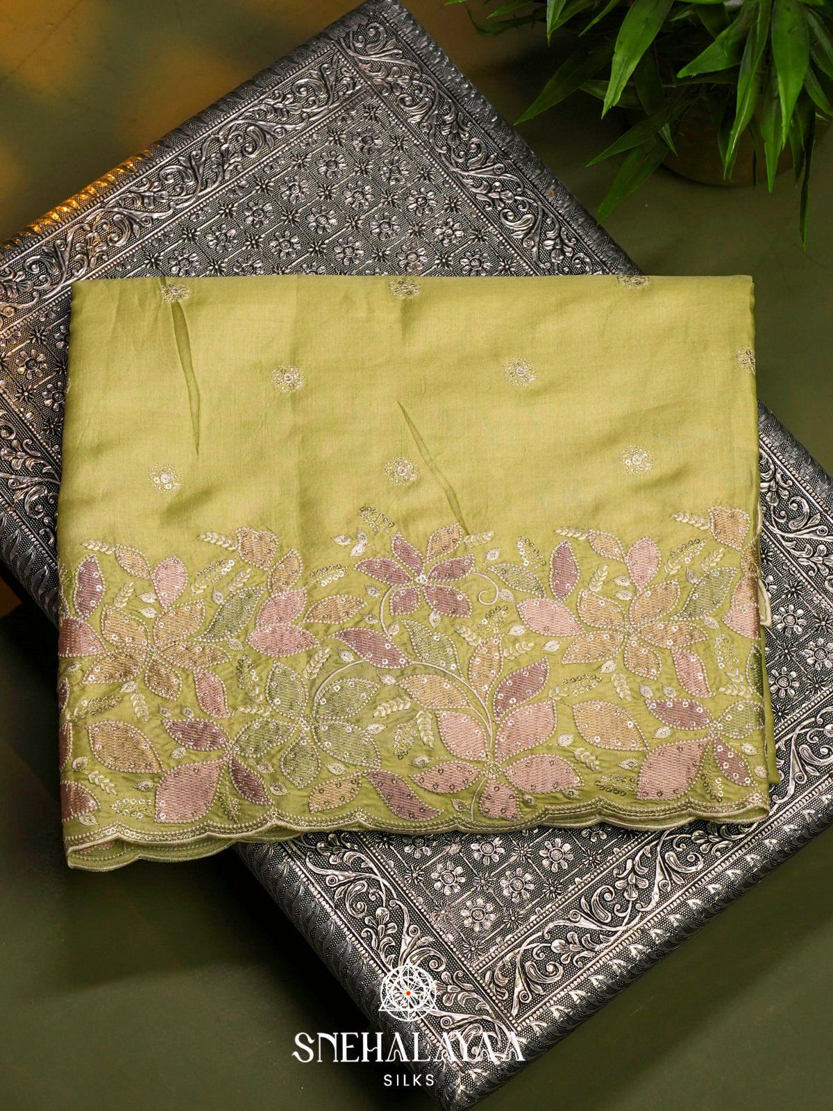 Lime Green Raw Silk Saree