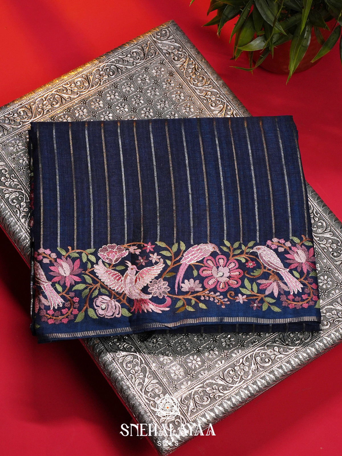 Navy Blue Tussar Saree