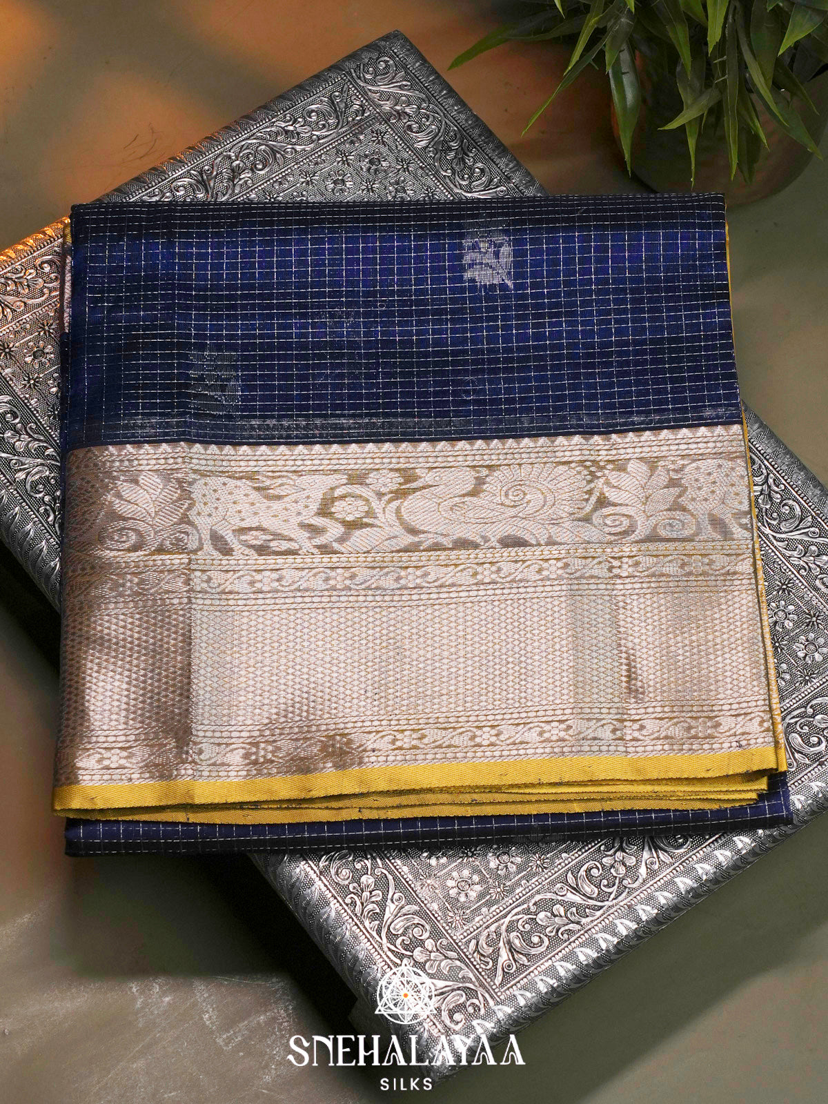 Navy Blue Kuppadam Silk Cotton Saree with Zari Border