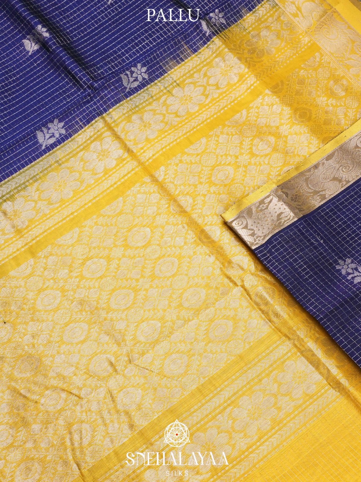 Navy Blue Kuppadam Silk Cotton Saree with Zari Border
