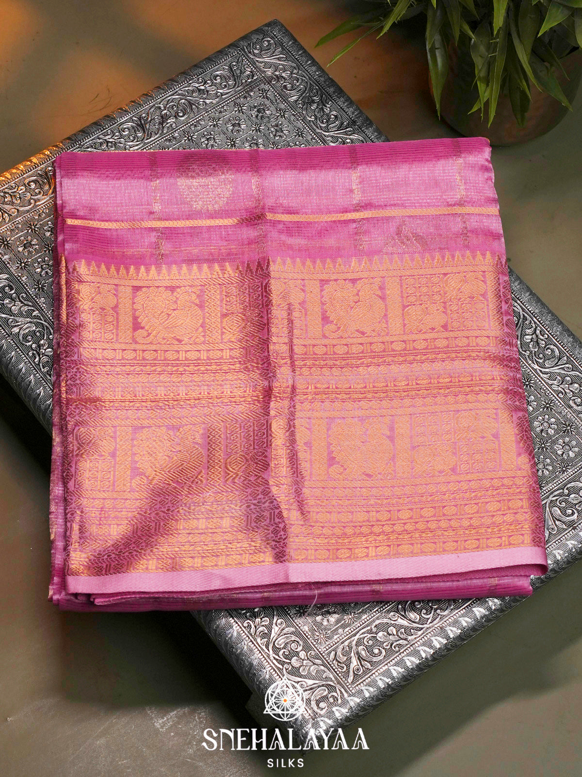 Pink Kuppadam Silk Cotton Saree with Annapakshi Zari Border