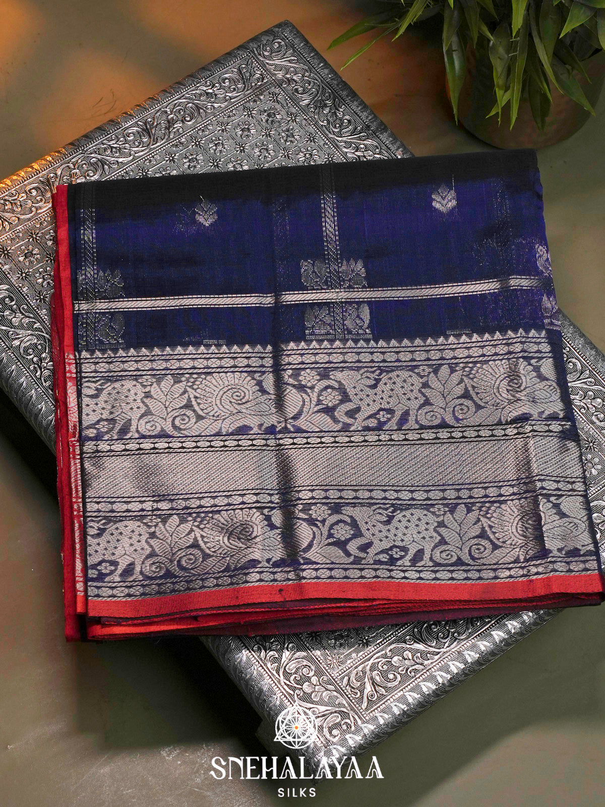 Ink Blue Kuppadam Silk Cotton Saree with Silver Zari Border