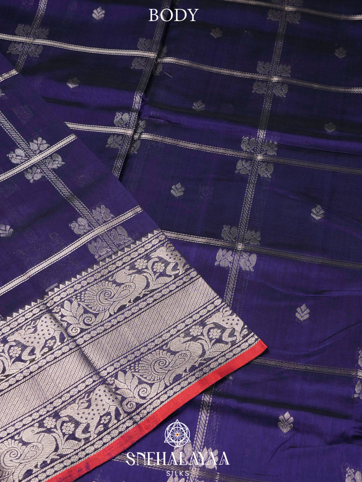 Ink Blue Kuppadam Silk Cotton Saree with Silver Zari Border