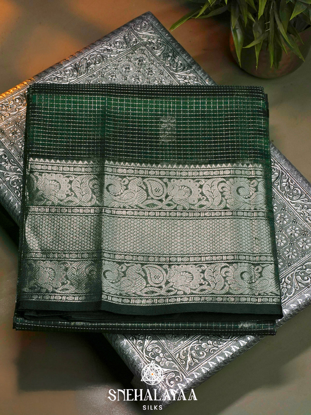 Green Kuppadam Silk Cotton Saree with Silver Zari Border