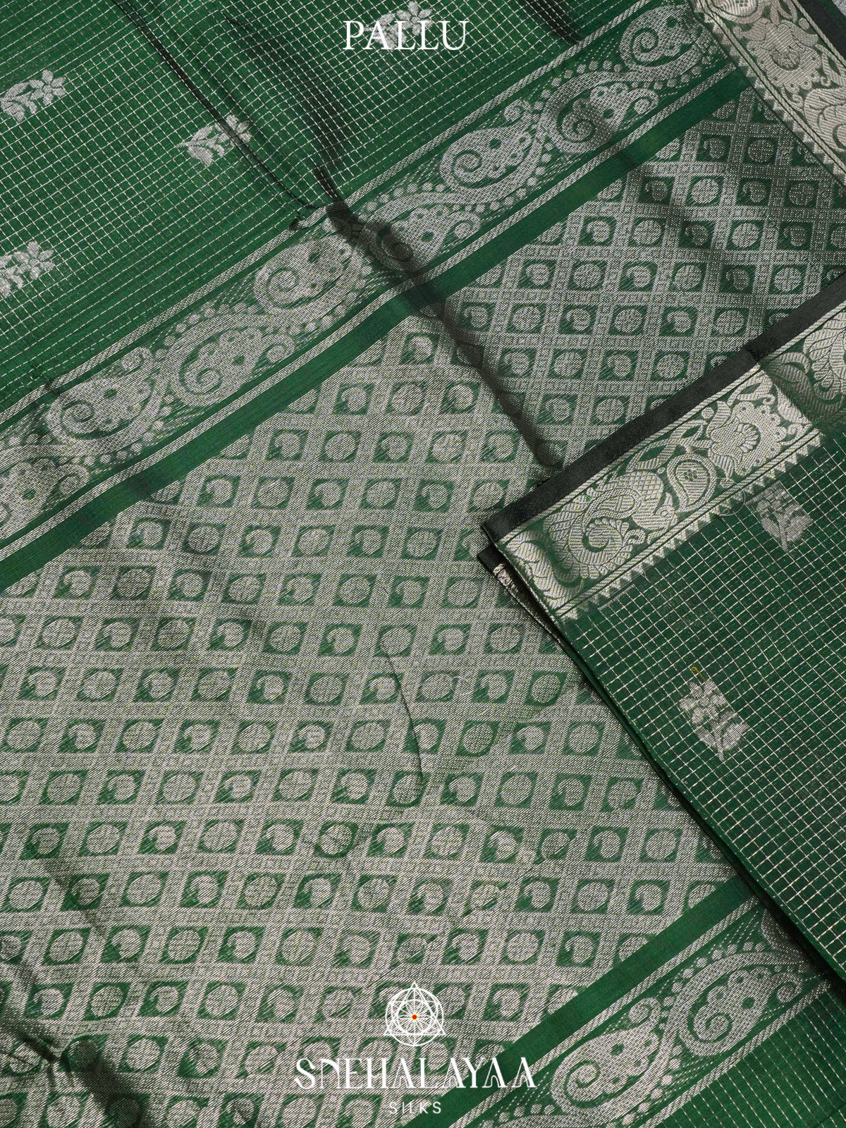 Green Kuppadam Silk Cotton Saree with Silver Zari Border