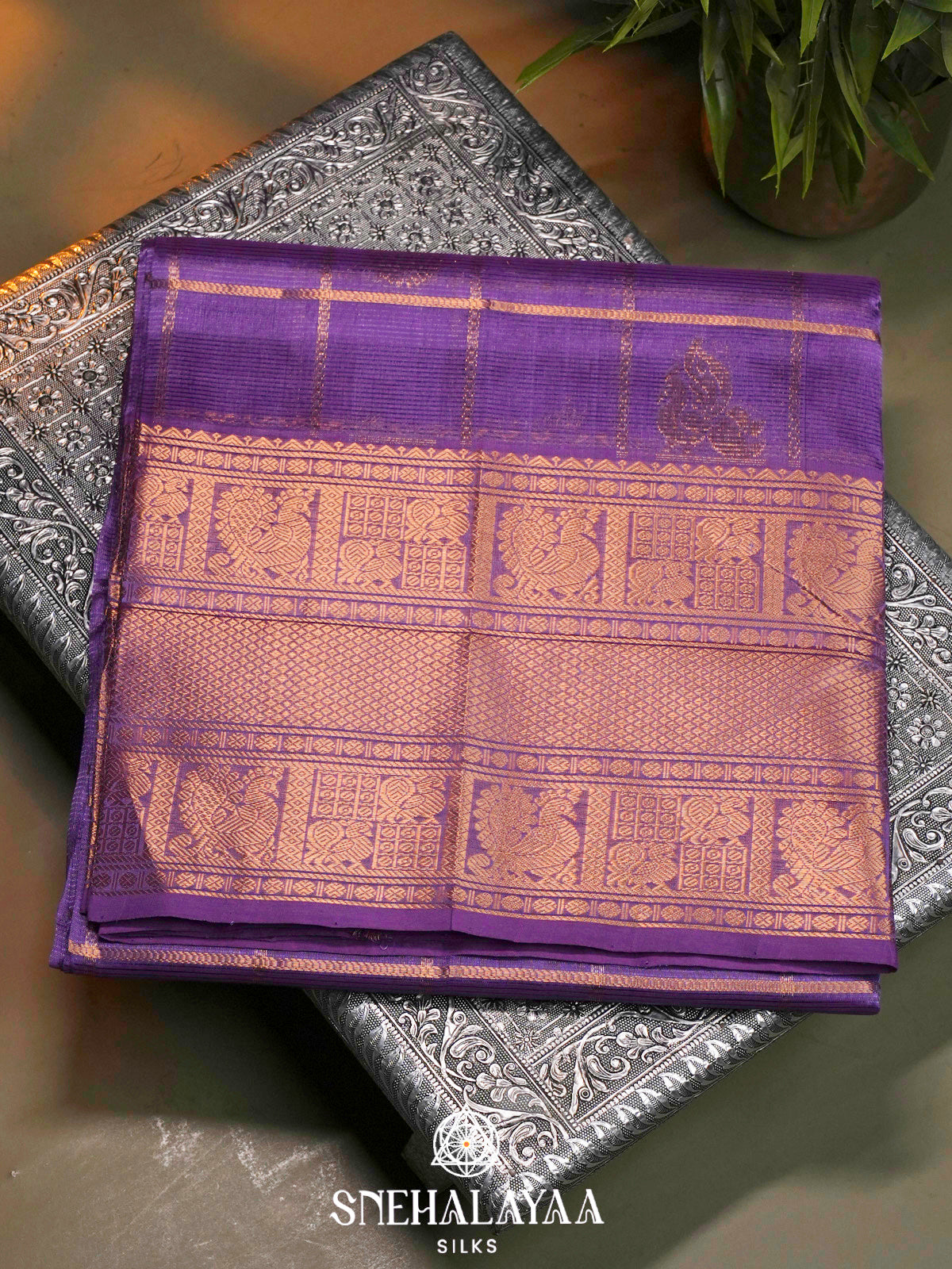 Purple Kuppadam Silk Cotton Saree with Zari Peacock Border