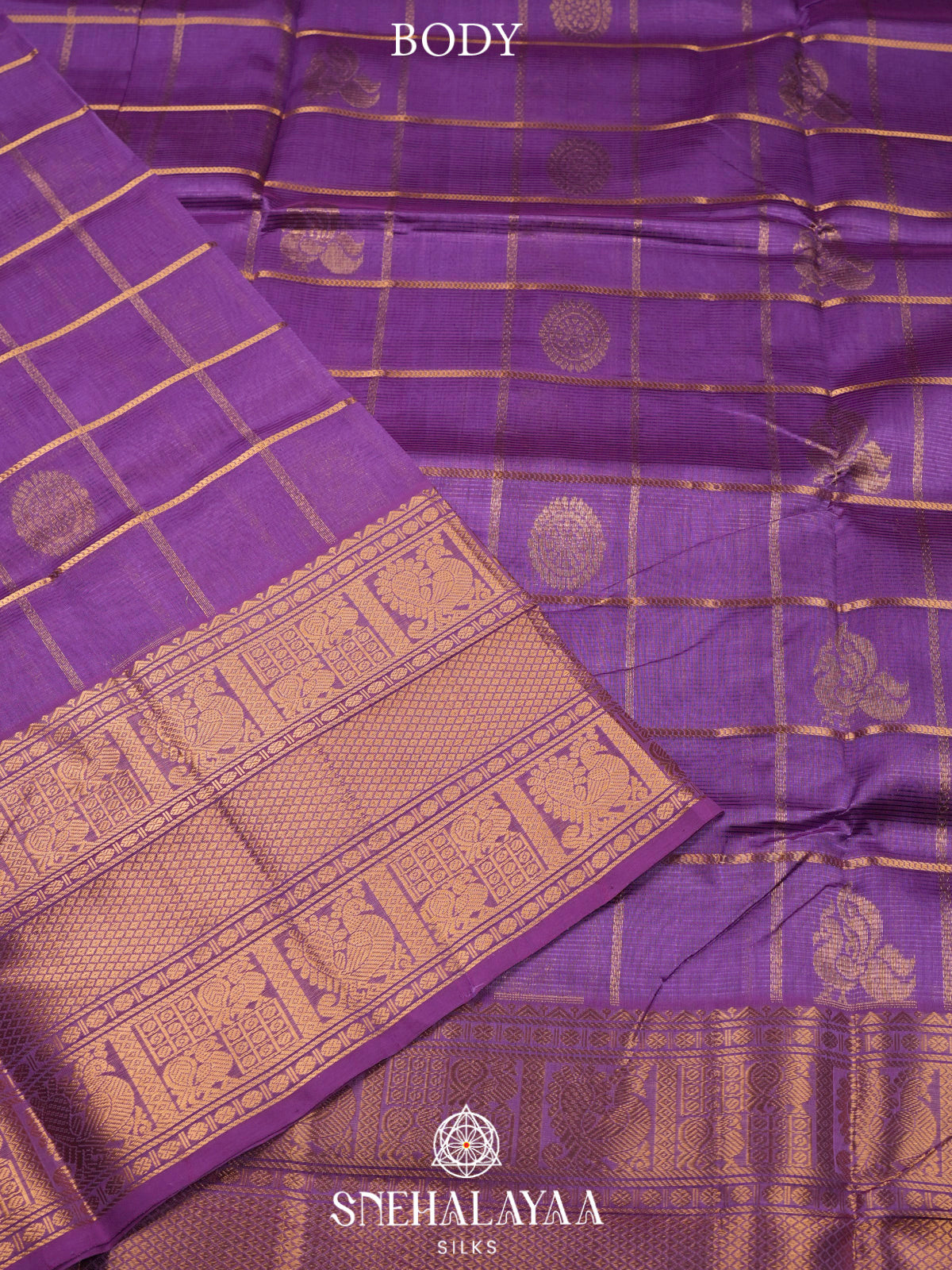 Purple Kuppadam Silk Cotton Saree with Zari Peacock Border