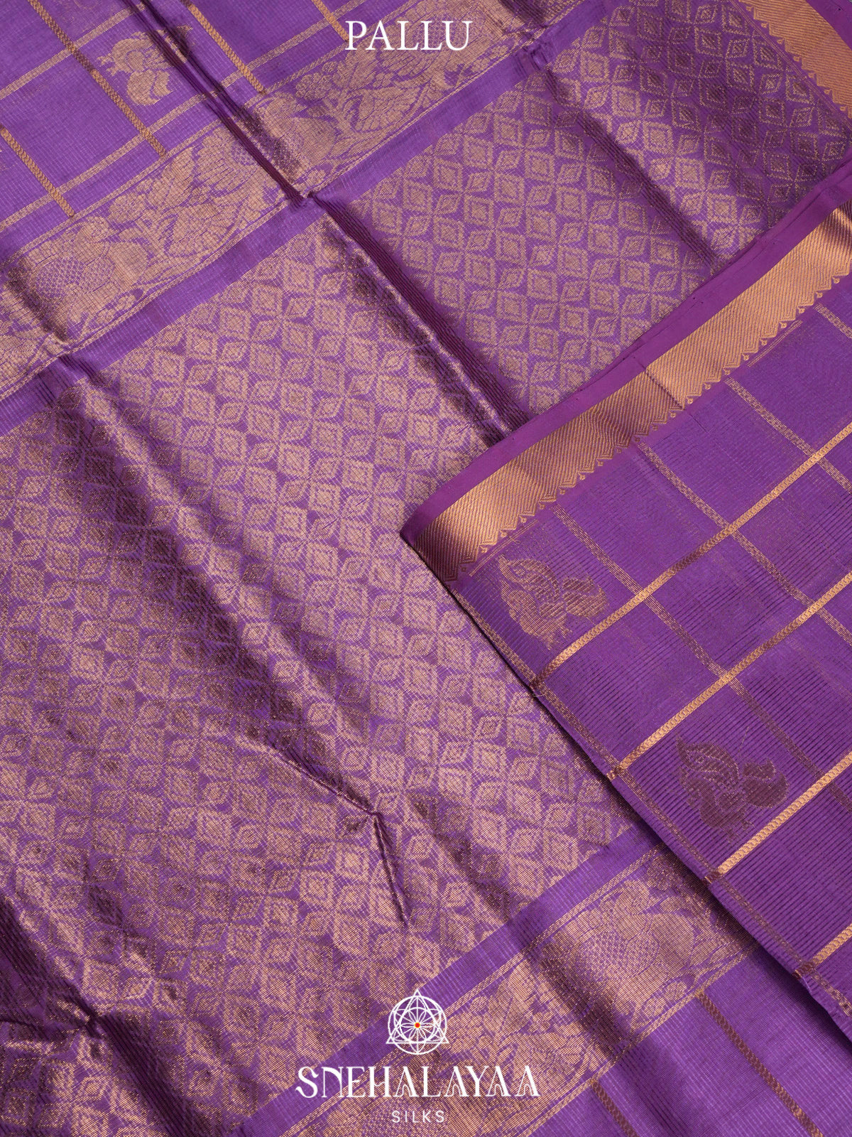 Purple Kuppadam Silk Cotton Saree with Zari Peacock Border