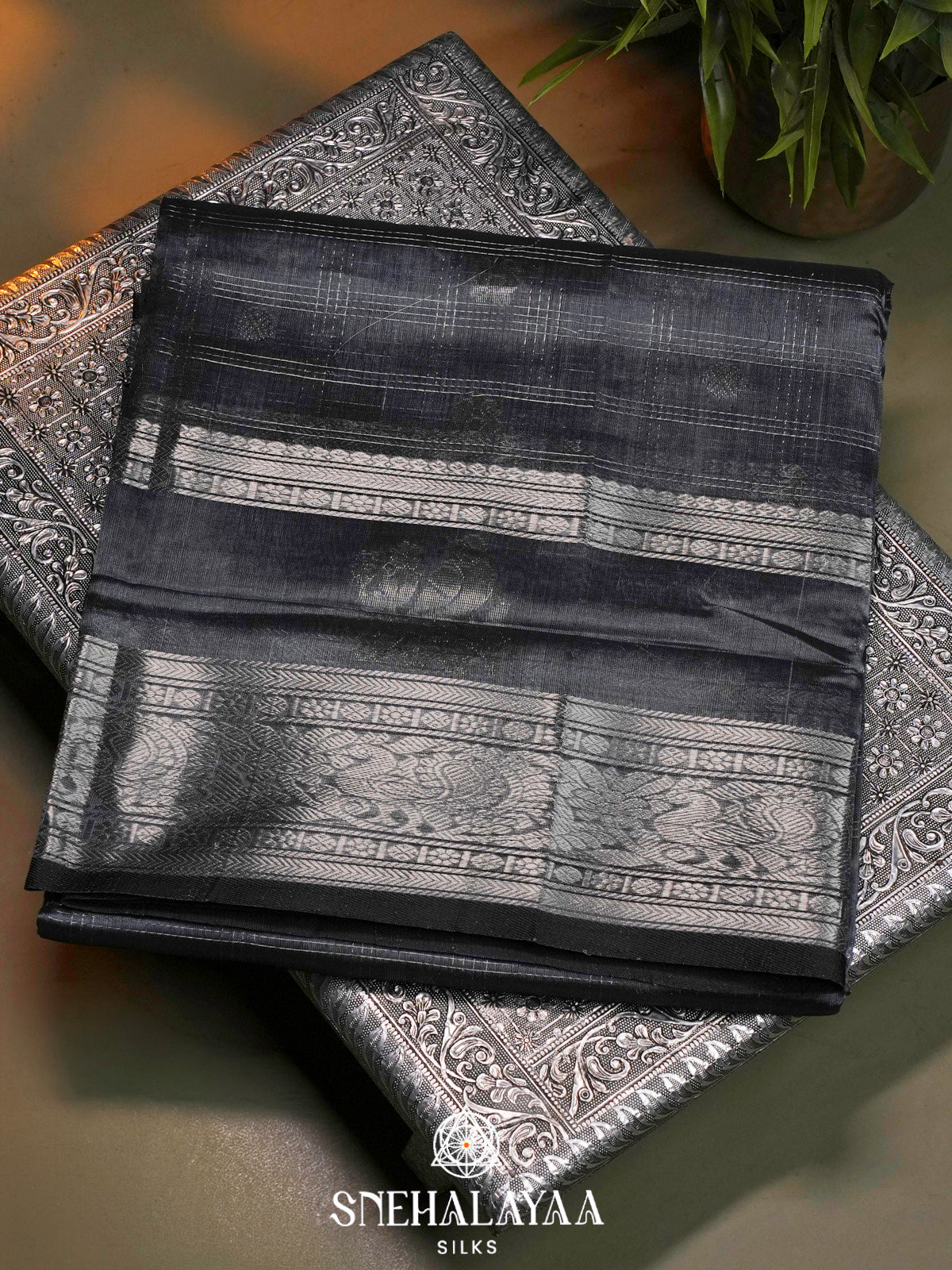Jet Black Kuppadam Silk Cotton Saree with Silver Zari Border