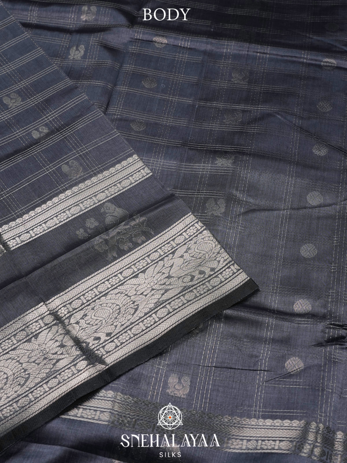Jet Black Kuppadam Silk Cotton Saree with Silver Zari Border