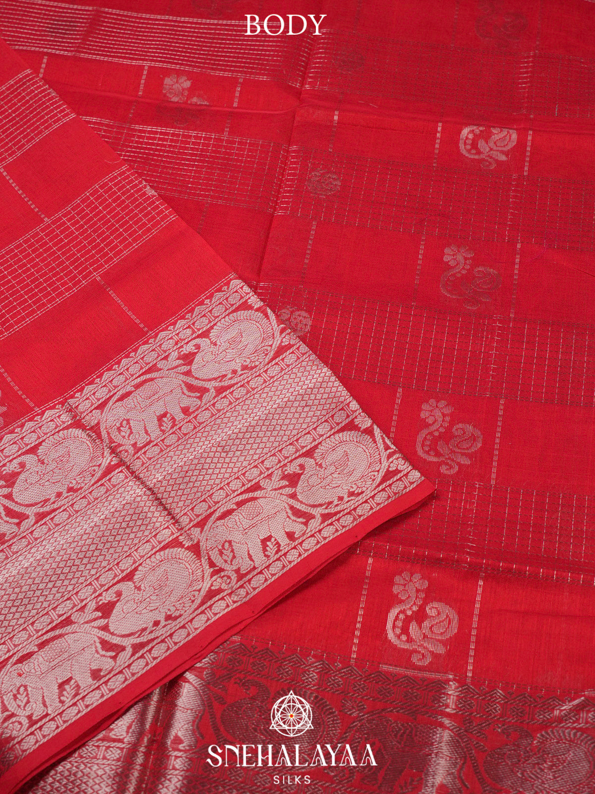 Chilli Red Kuppadam Silk Cotton Saree with Silver Zari Border