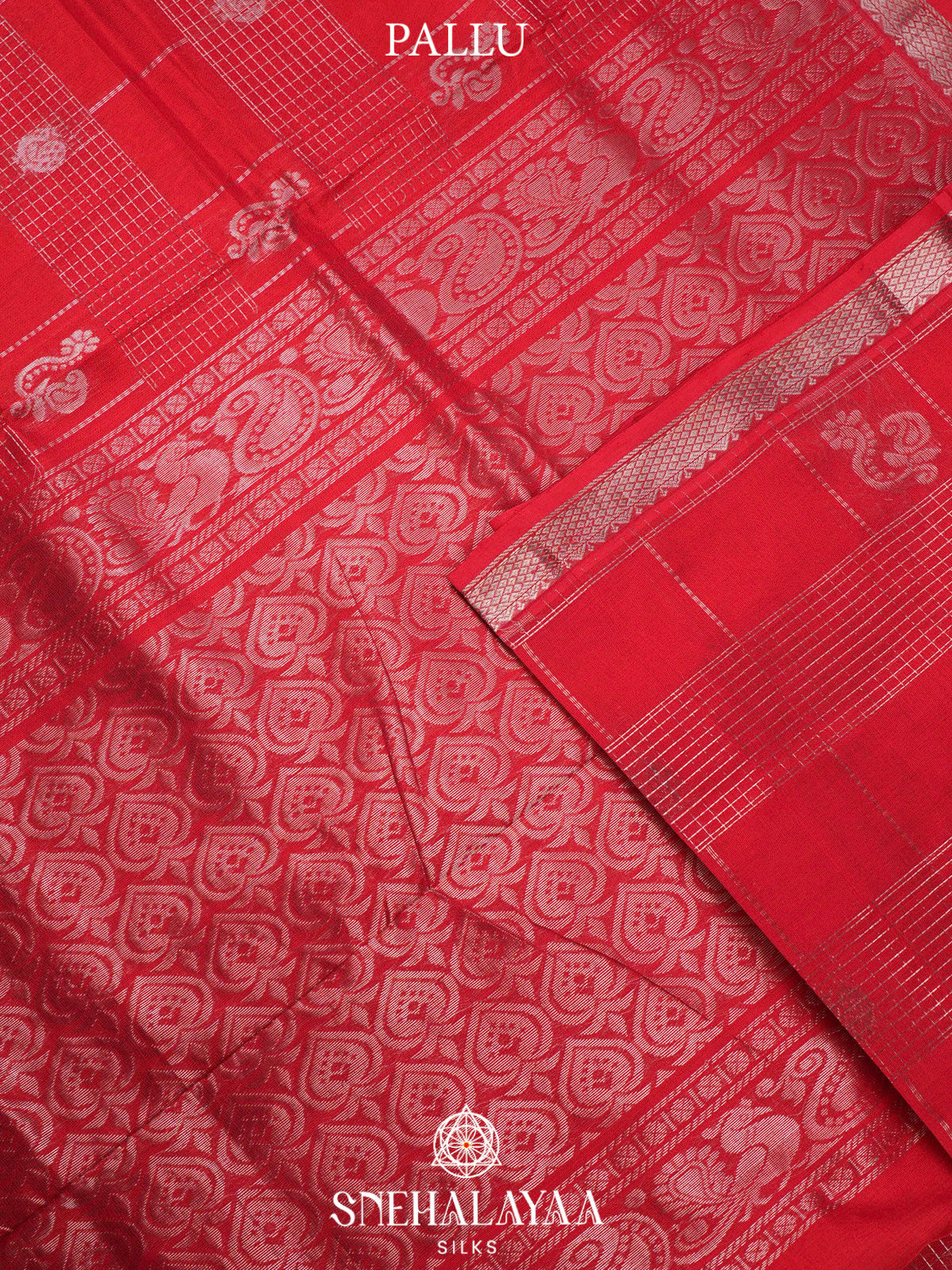 Chilli Red Kuppadam Silk Cotton Saree with Silver Zari Border