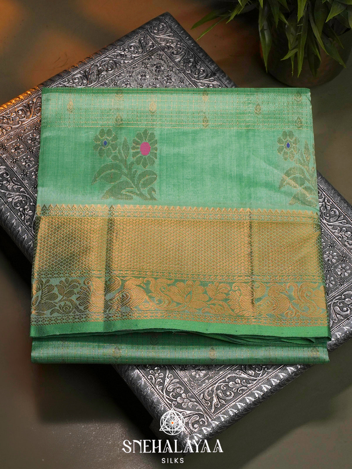 Pastel Green Kuppadam Silk Cotton Saree with Golden Zari Border