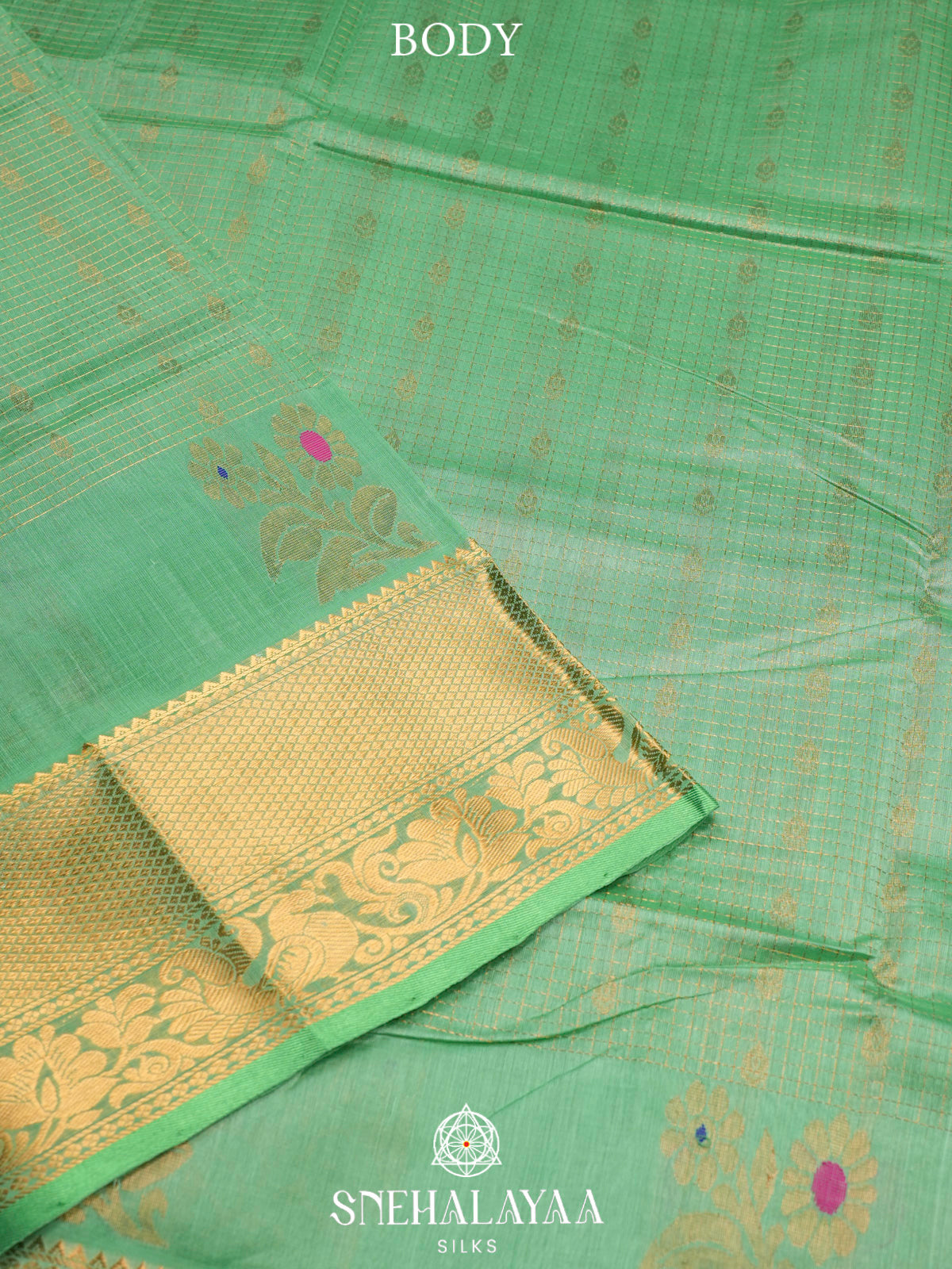Pastel Green Kuppadam Silk Cotton Saree with Golden Zari Border