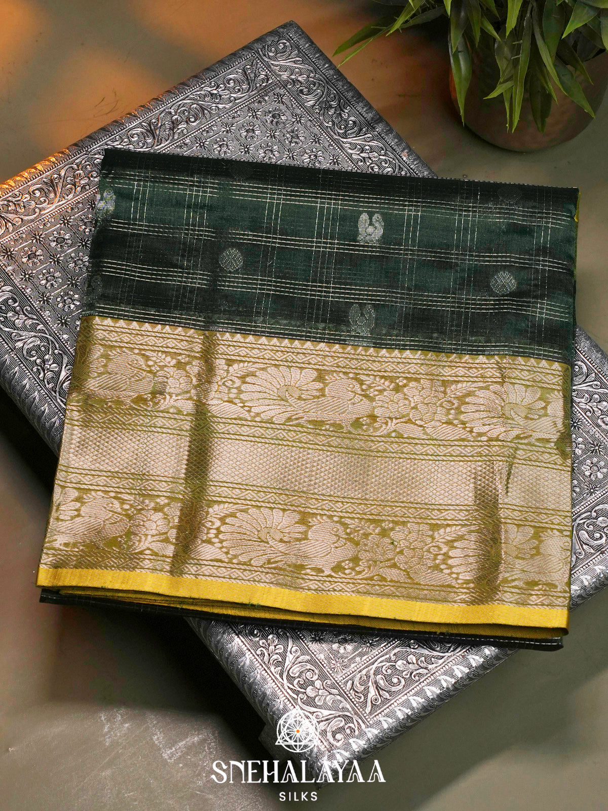 Bottle Green Kuppadam Silk Cotton Saree with Golden Zari Border