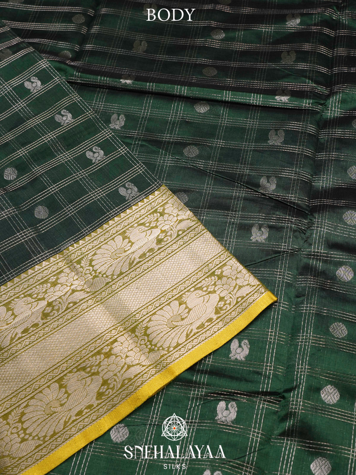 Bottle Green Kuppadam Silk Cotton Saree with Golden Zari Border