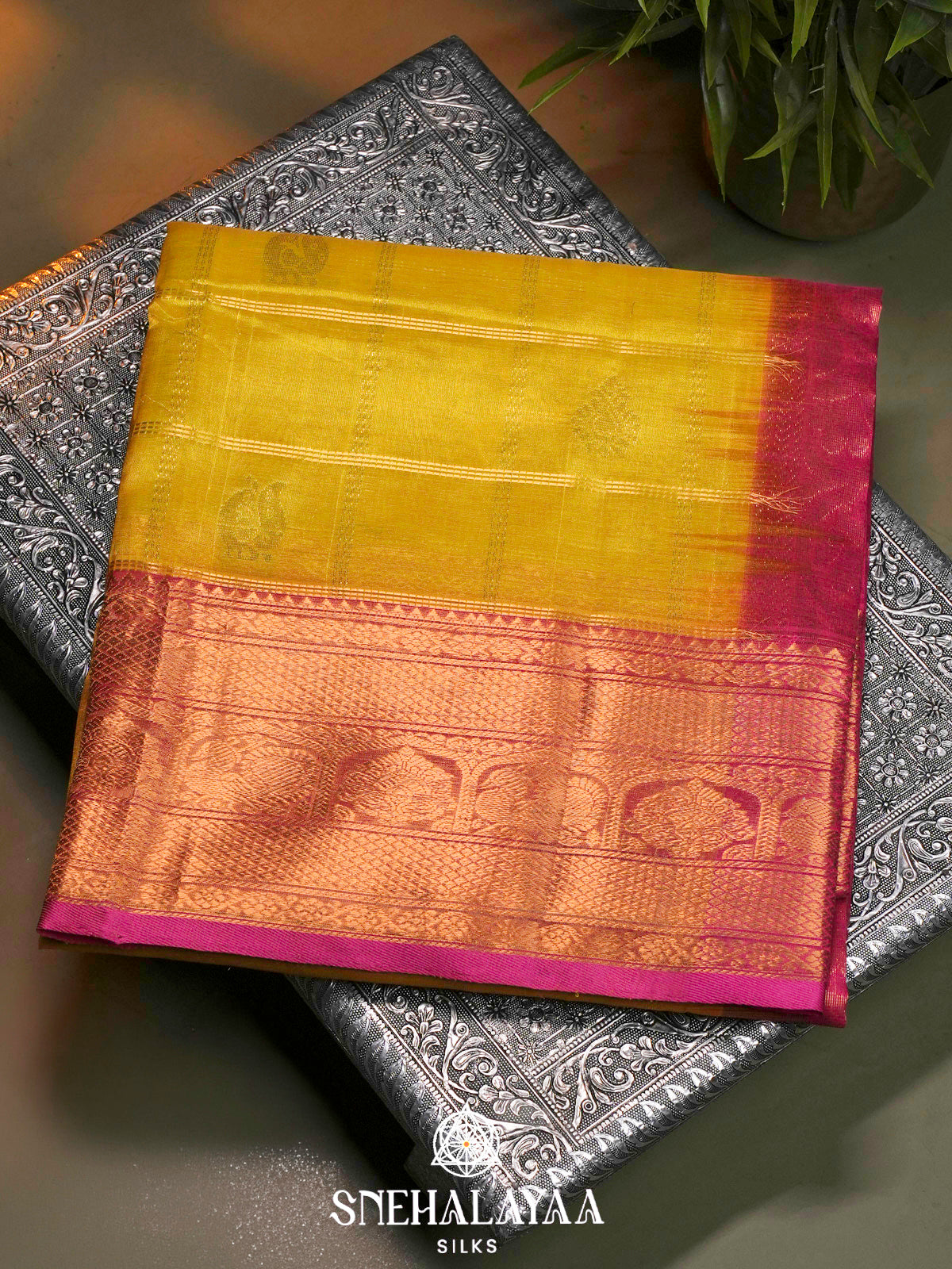 Mango Yellow Kuppadam Silk Cotton Saree with Pink Zari Border