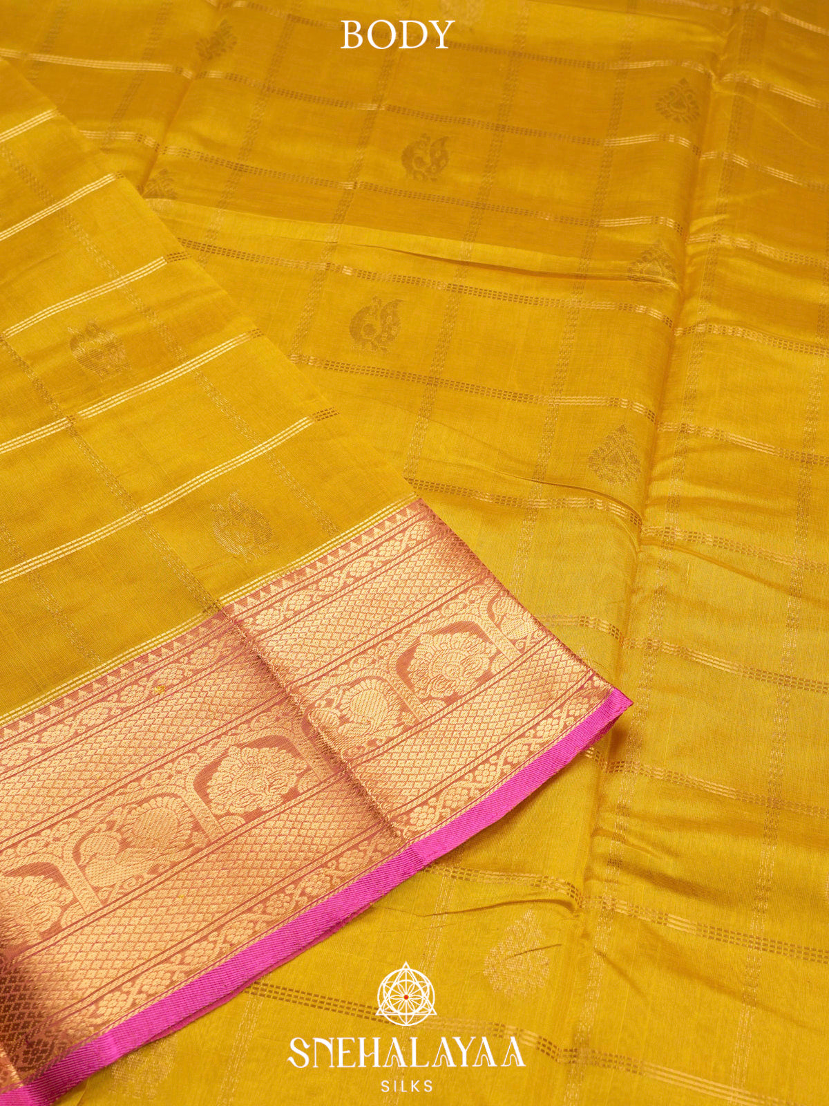 Mango Yellow Kuppadam Silk Cotton Saree with Pink Zari Border