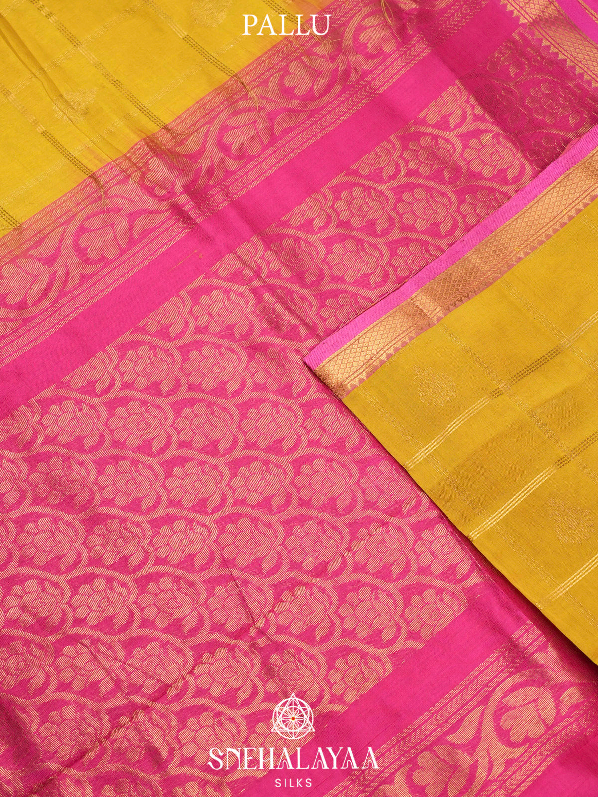 Mango Yellow Kuppadam Silk Cotton Saree with Pink Zari Border