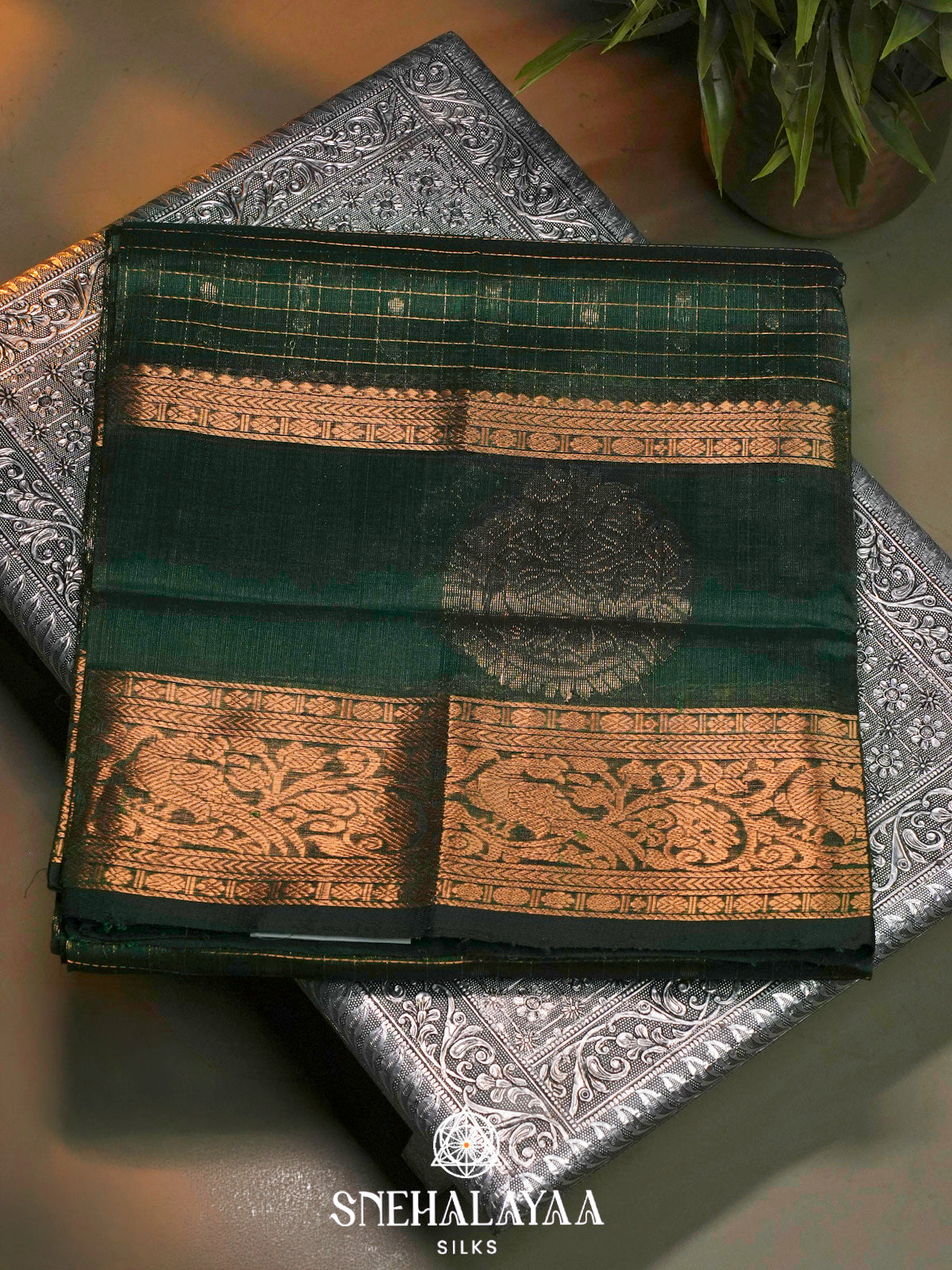 Forest Green Kuppadam Silk Cotton Saree with Golden Zari Border
